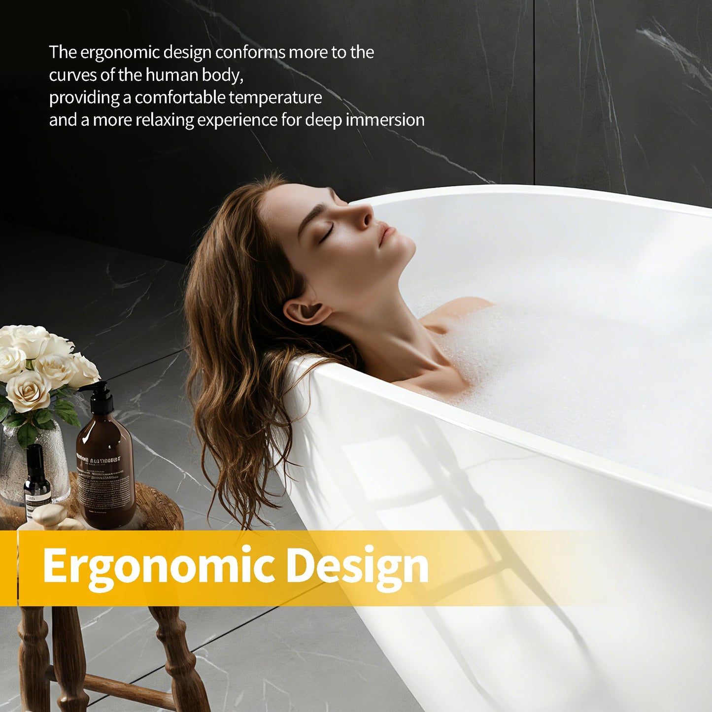 67" Deep Soaking Bathtub, Non-Slip Acrylic Tub with Chrome Drain, cUPC Certified, Ergonomic Modern Bath for Bathrooms, Easy-Install, White Pearl