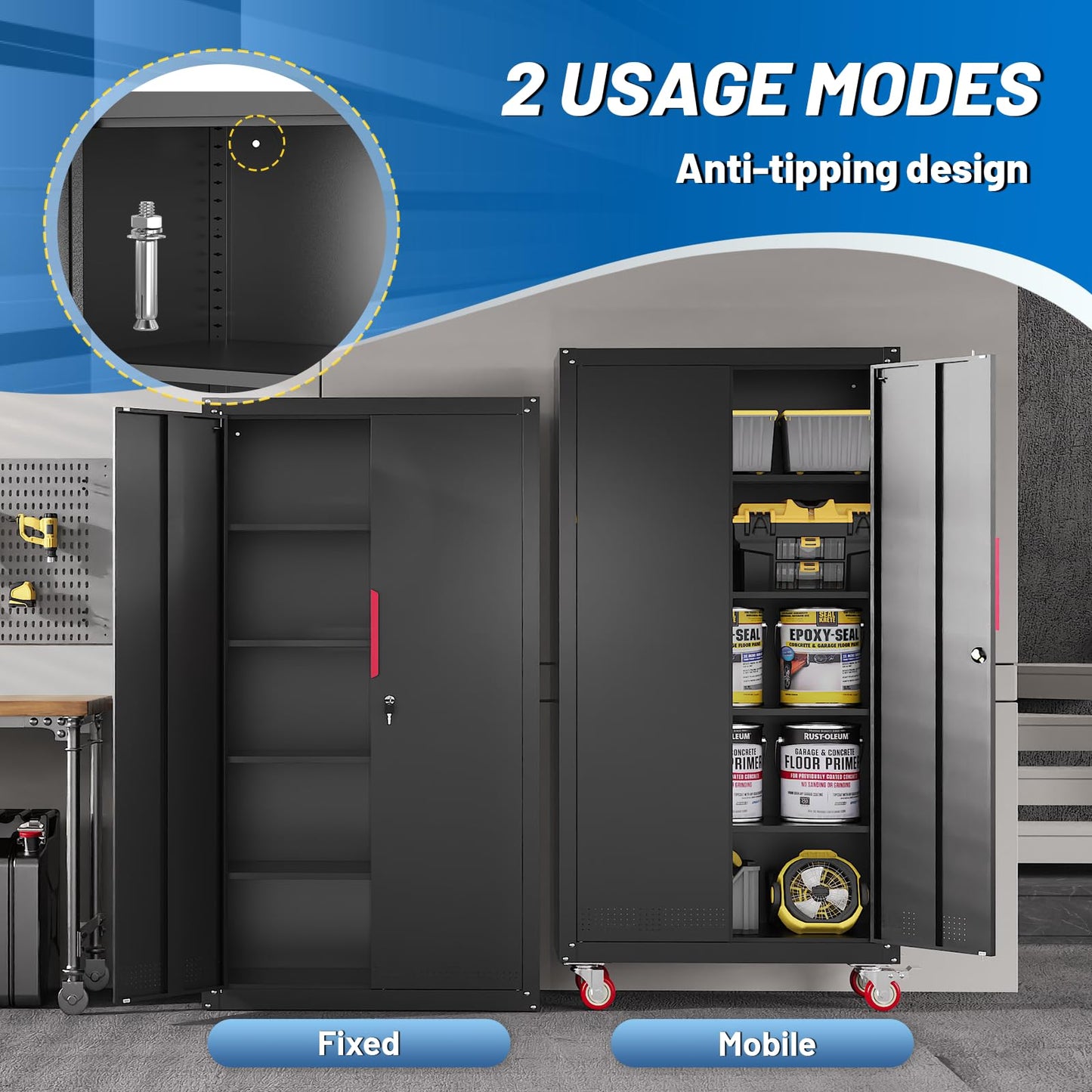 Rumetol Metal Storage Cabinet with Wheels,71" Garage Cabinets with 4 Adjustable Shelves and Lockable Doors,Black Locking Cabinet Suitable for Garages,Home,Office