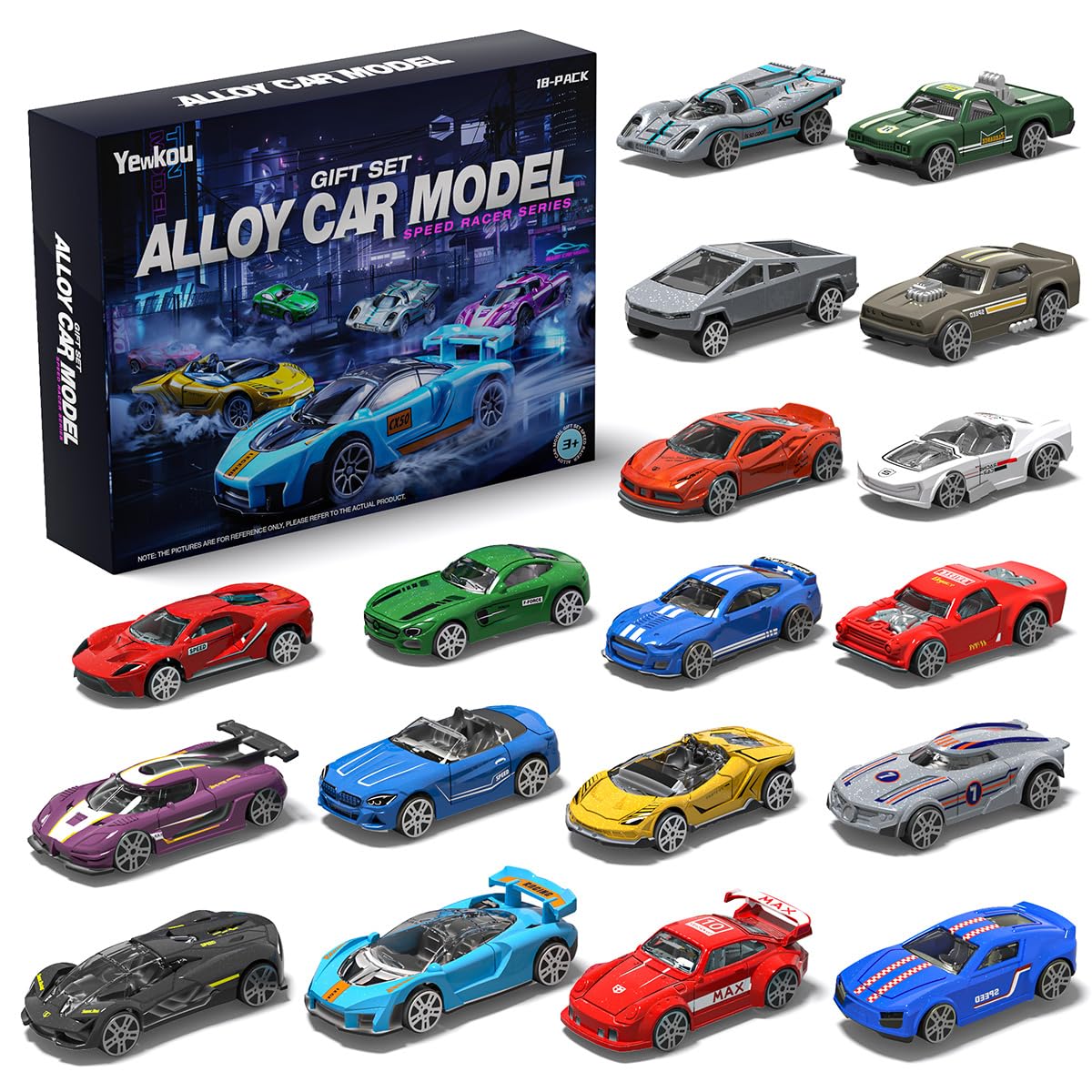 Yewkou Toys Cars 18-Pack, 1:64 Scale Die-Cast Metal Vehicles Set, Includes Pickup, Racing Cars,Sports Cars for Display or Play, Great Gift for Kids Age 3 Years and Up (18 Pack)