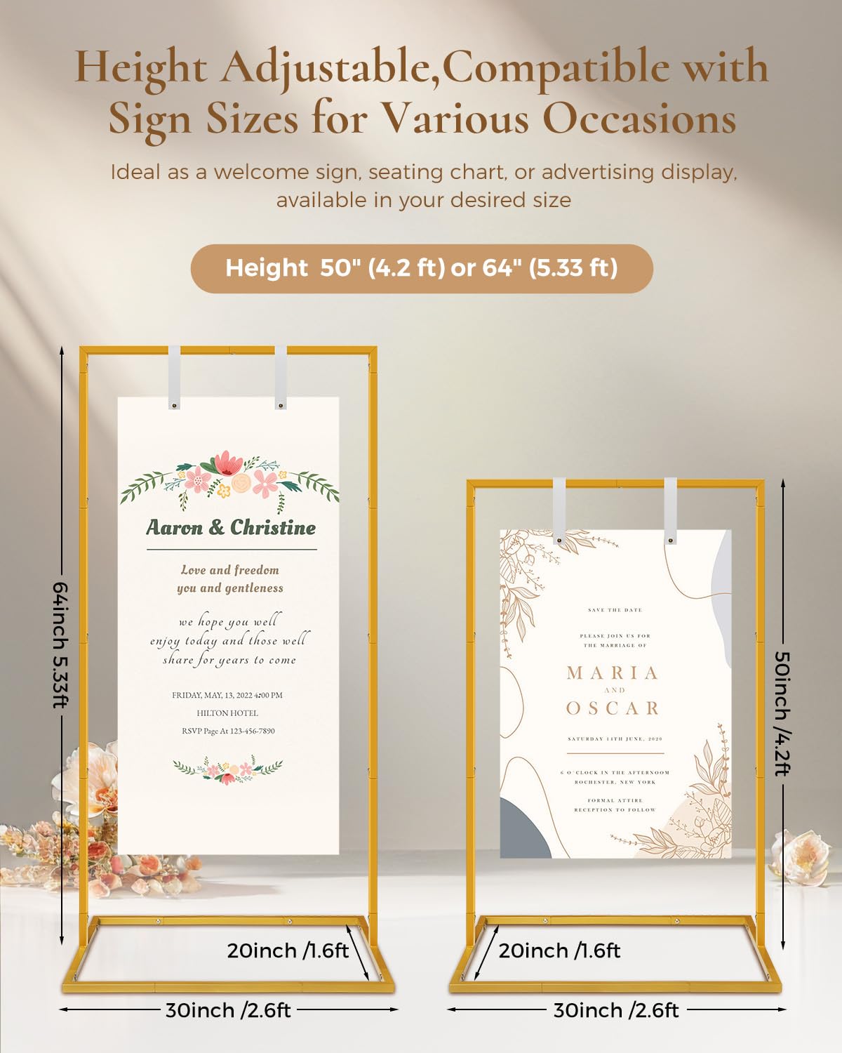 Wedding Sign Holder - Adjustable Welcome to Our Wedding Sign Stand Stand with 39 Premium Templates & Leather Straps, 64"x 30"x 20" Heavy Duty Easel Stand for Sign Display Poster, Wedding, Birthday