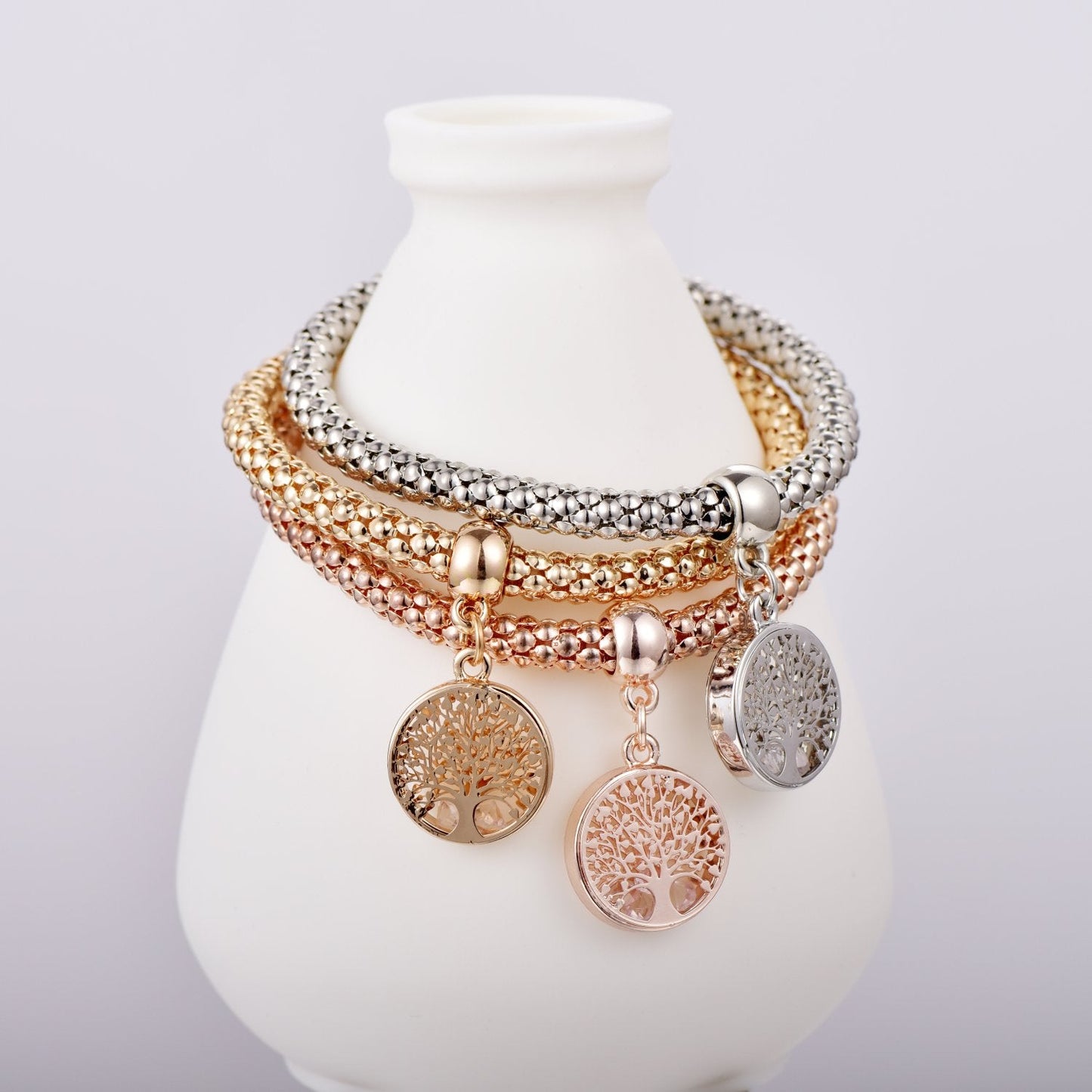 SILANER Crystal Charms Multilayer Bracelets - 3PCS Gold/Silver/Rose Gold Corn Chain Bracelet for Women, Tree of Life Heart Shaped Stretch Bracelet(Tree of Life Round Charm)