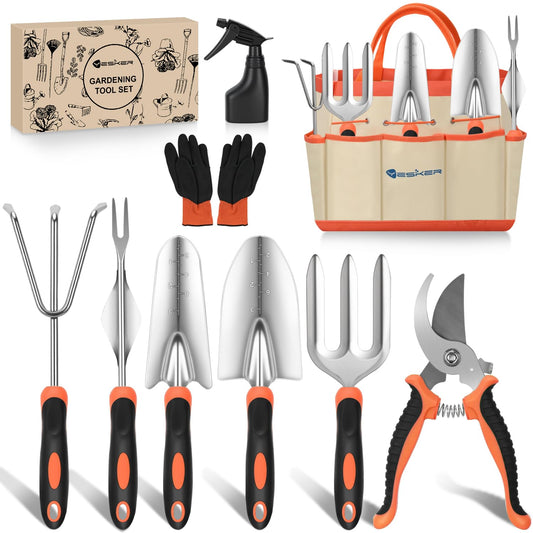 Yesker Gardening Tools 9-Piece Heavy Duty Garden Tool Set Gardening Supplies Gifts for Women Men Gardening Hand Tool Kit with Non-Slip Ergonomic Handle, Garden Bag, Durable Gloves and Shears, Orange