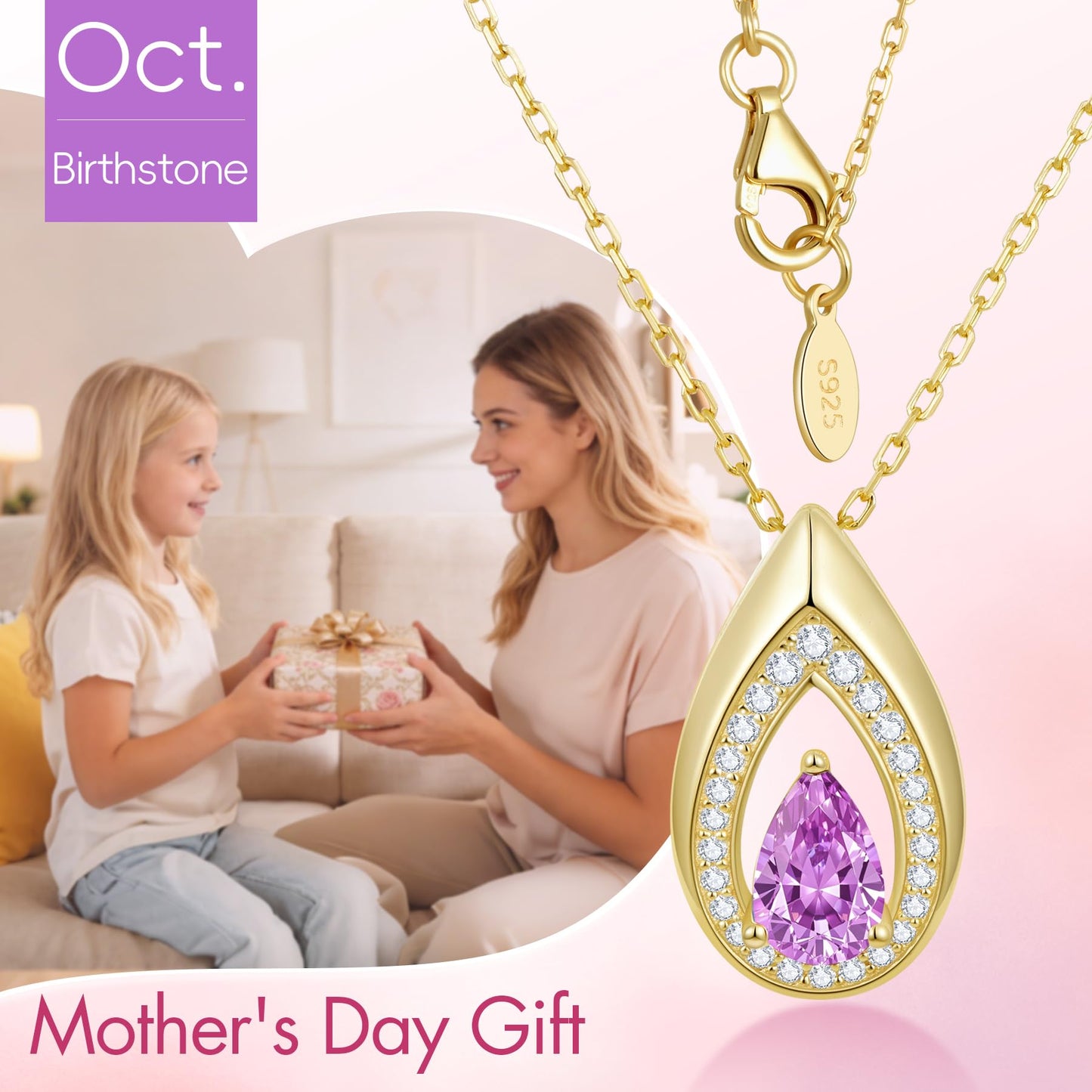 Kstyle 14k Gold Tourmaline October Birthstone Pendant Necklaces for Women Valentine's Day Birthday Gift Anniversary Jewelry for Wife Daughter Grandma Mom Sister Non Tarnish