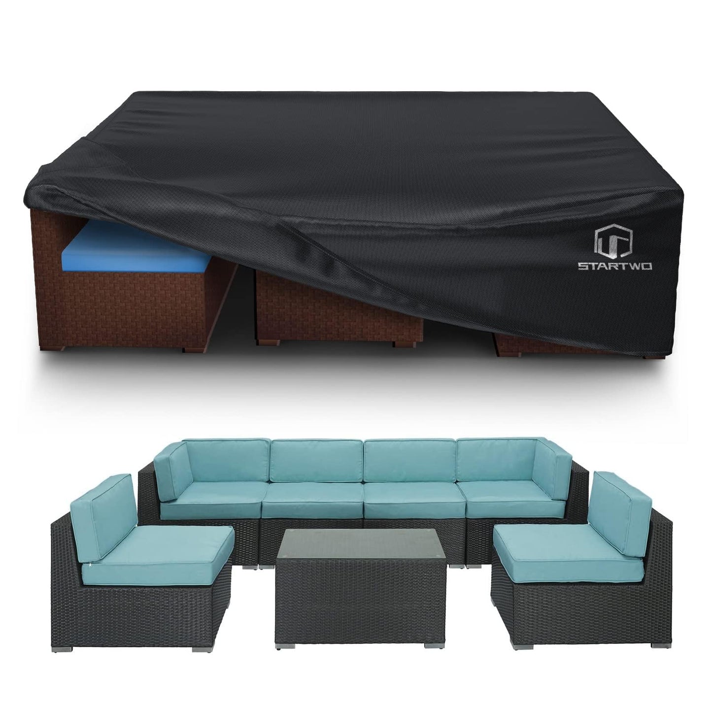 STARTWO Patio Furniture Covers Waterproof, Outdoor Furniture Set Cover for 7-12 Seats Sectional Sofa Table Chairs Anti-UV Tear-Resistant 500D Heavy Duty,110"x84"x28", Black