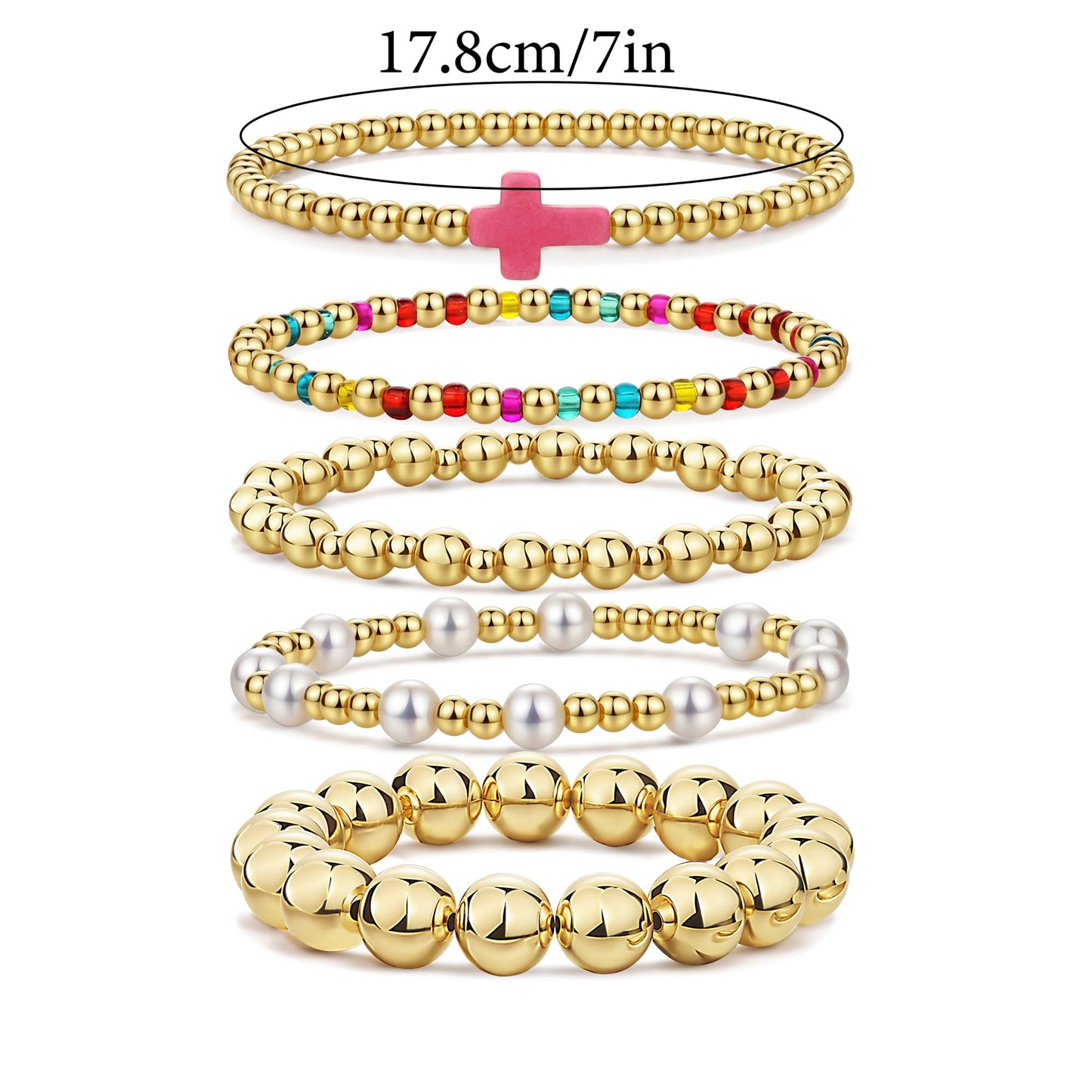 Qiuseadu Chunky Gold Beaded Stack Bracelets Beads Ball Cross Colorful Statement Bracelets Set for Women (Rainbow Accent)