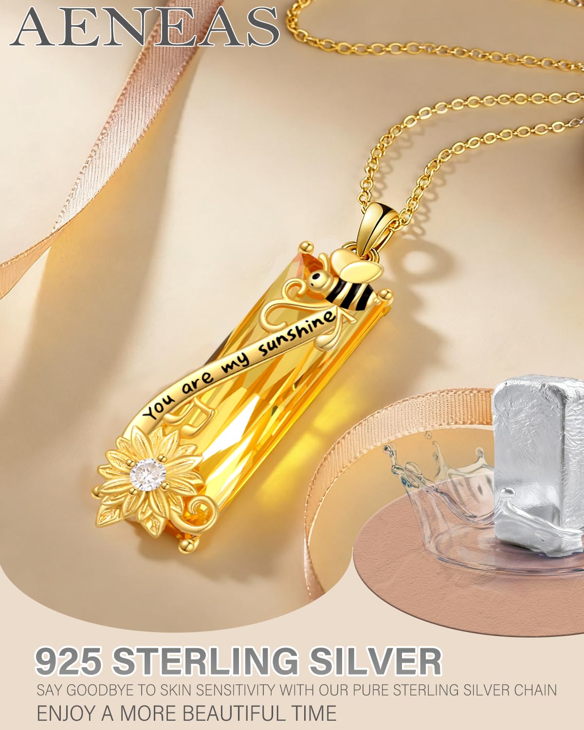 AENEAS Valentines Day Gifts for Women Her Bee Necklace 925 Sterling Silver Gold Plated Sunflower Pendant Citrine Honey Bee Jewelry You Are My Sunshine Necklace for Women Wife Her