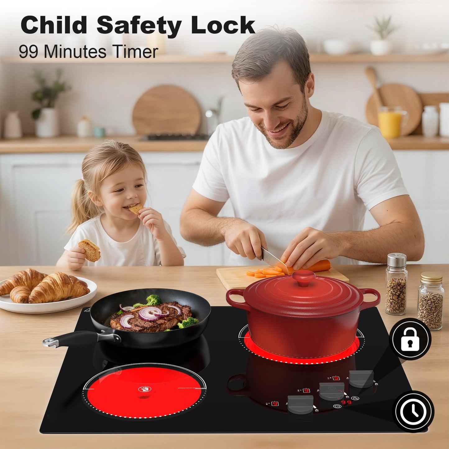 VBGK Electric Cooktop,24 inch 220V Stove Top,Touch and Knob Control,LED,9 Power Levels, Kids Lock &Timer,Overheat Protection,5000W 3 burner electric cooktop.