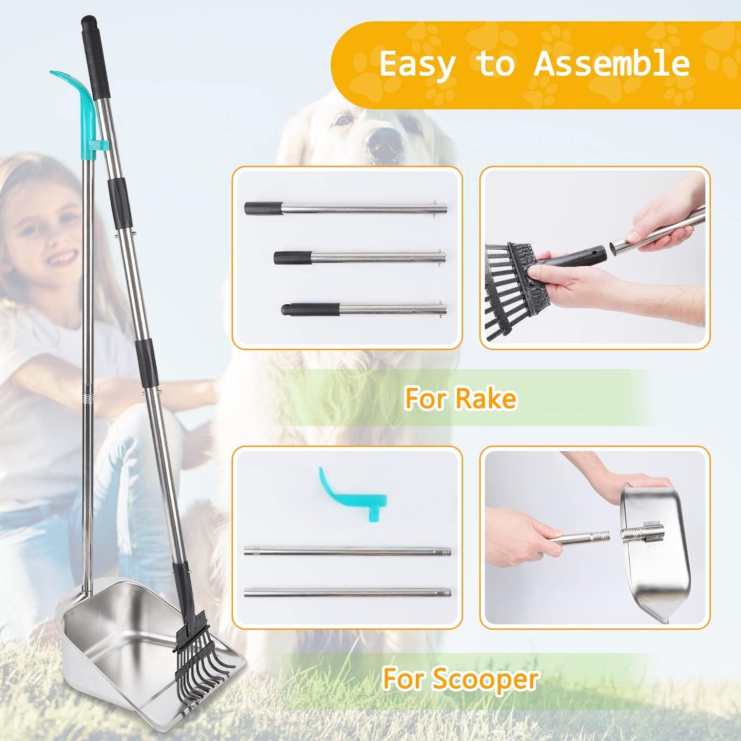 indiedouker Dog Pooper Scooper for Large Dogs with Large Capacity Tray and 36" Long Handle Rake,Stainless Steel Dog Poop Scooper for Dogs,Heavy Duty Dog Poop Scooper for Yard