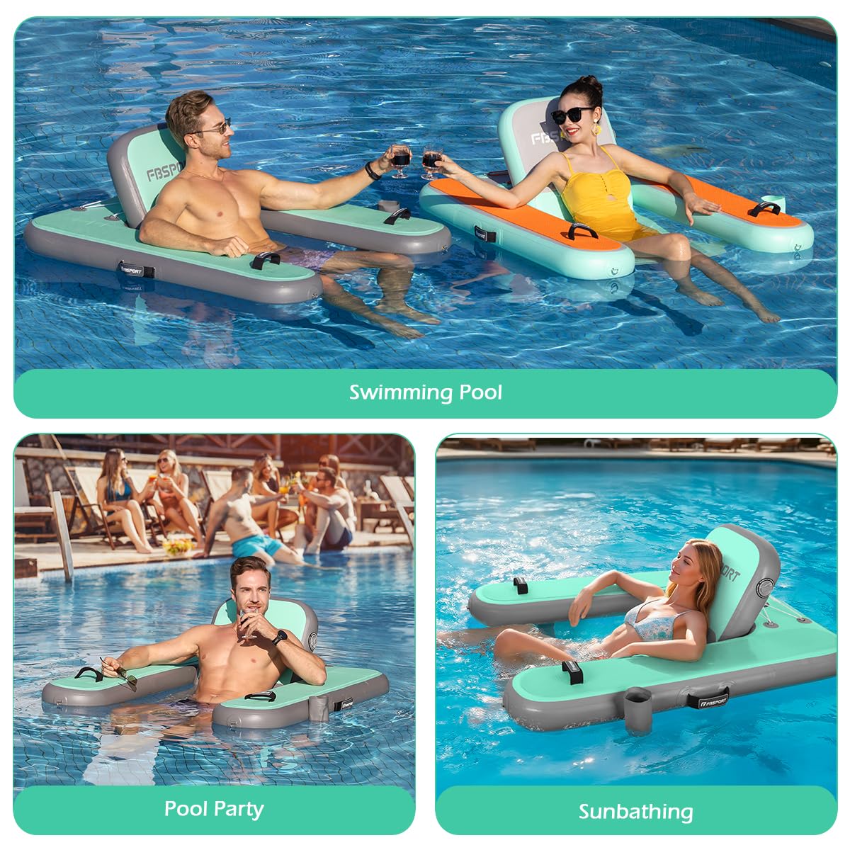 FBSPORT Inflatable Pool Float Lounger for Adults, Water Floating Chair Pool Float Raft with Cup Holder and Backrest for Swimming Pool, Lake, Party and Beach