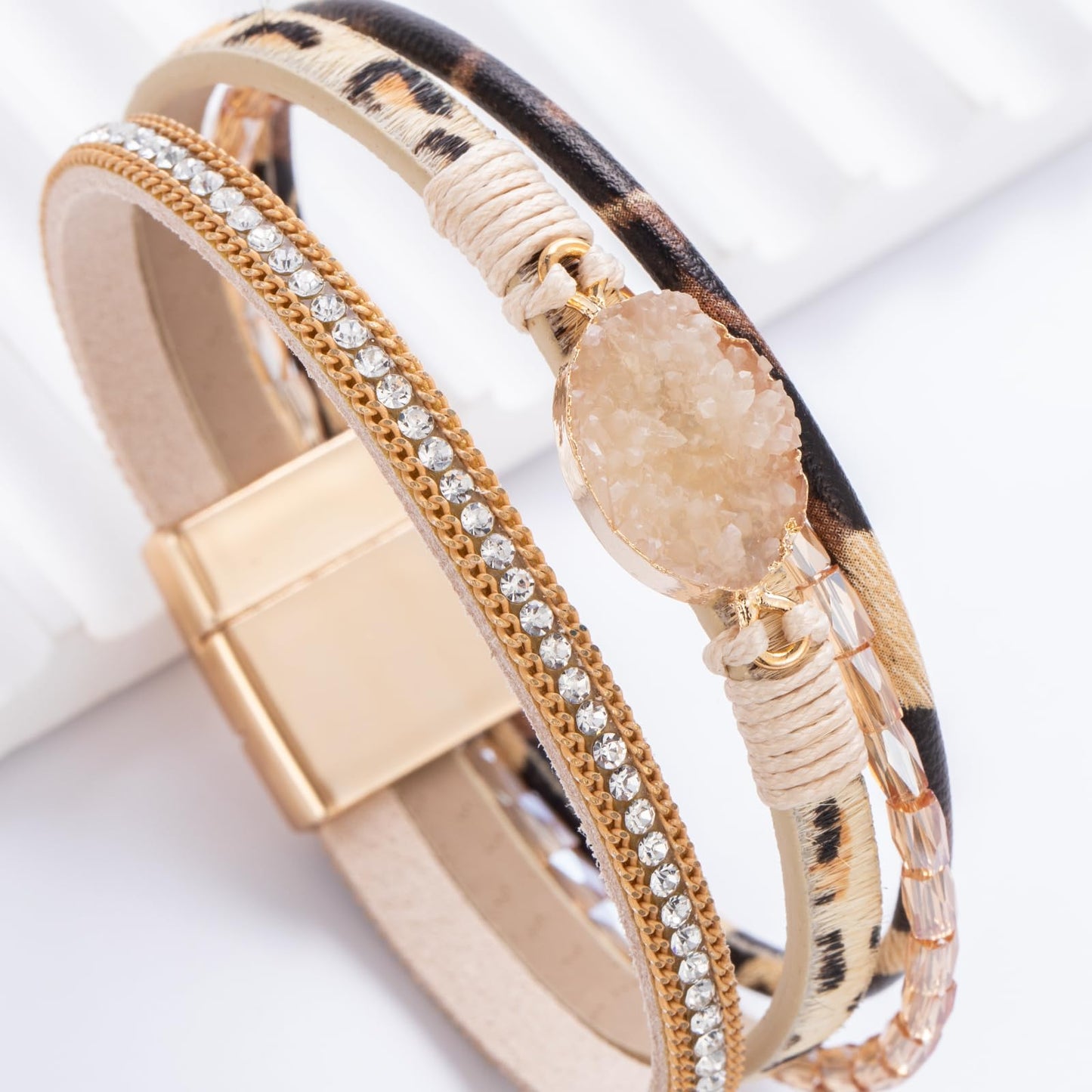 FANCY SHINY Boho Leather Wrap Bracelet Stackable Chunky Crystal Cuff Bracelets with Magnetic Clasp Cowboy Cowgirl Western Summer Beach Outfits Jewelry Gifts for Women (7.7", Leopard)