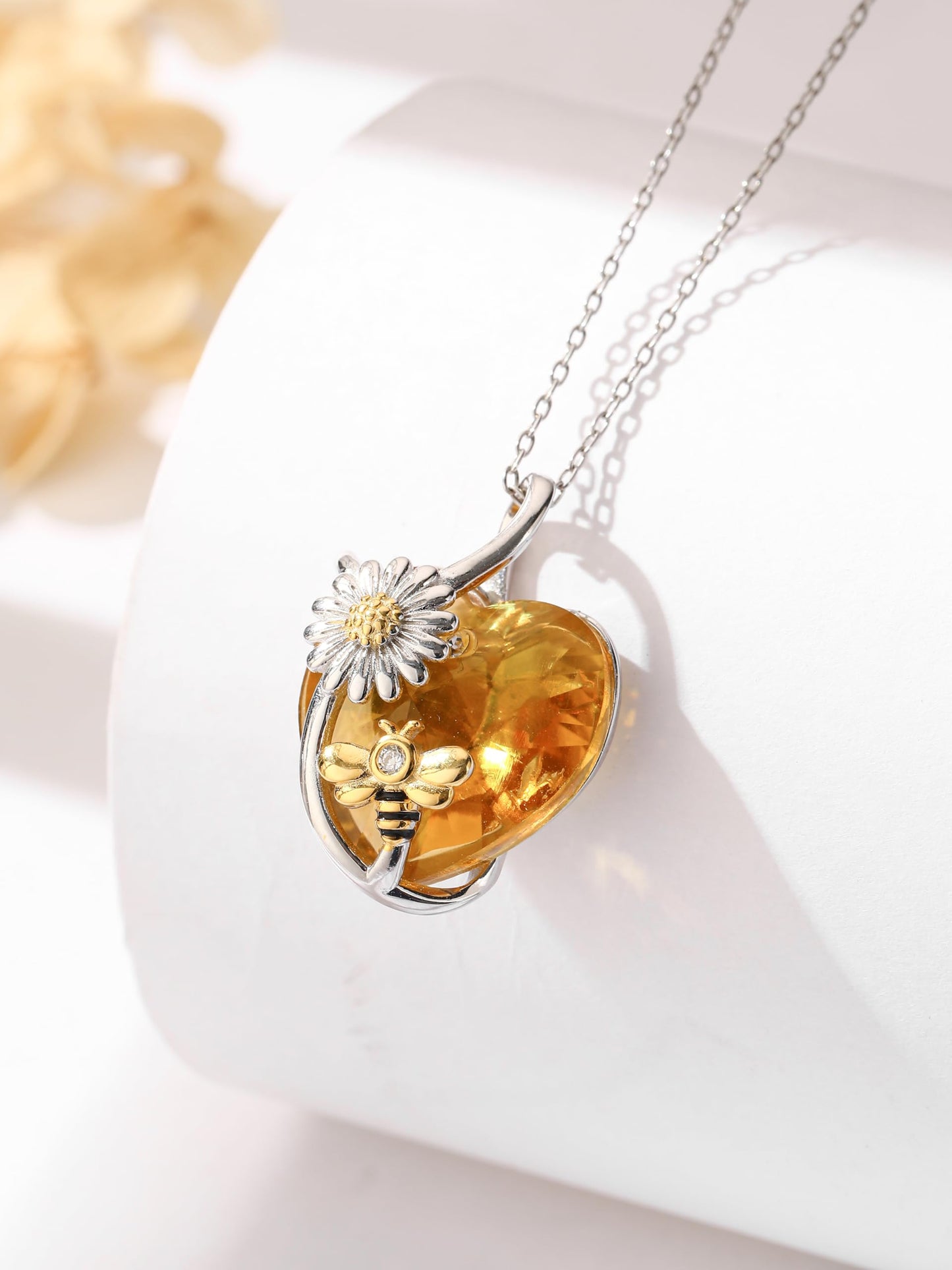 AENEAS Valentines Day Gifts for Women Her Bee Necklace 925 Sterling Silver Daisy Honey Bee Pendant Necklace with Love Heart Citrine Crystal Jewelry for Birthday Christmas Anniversary