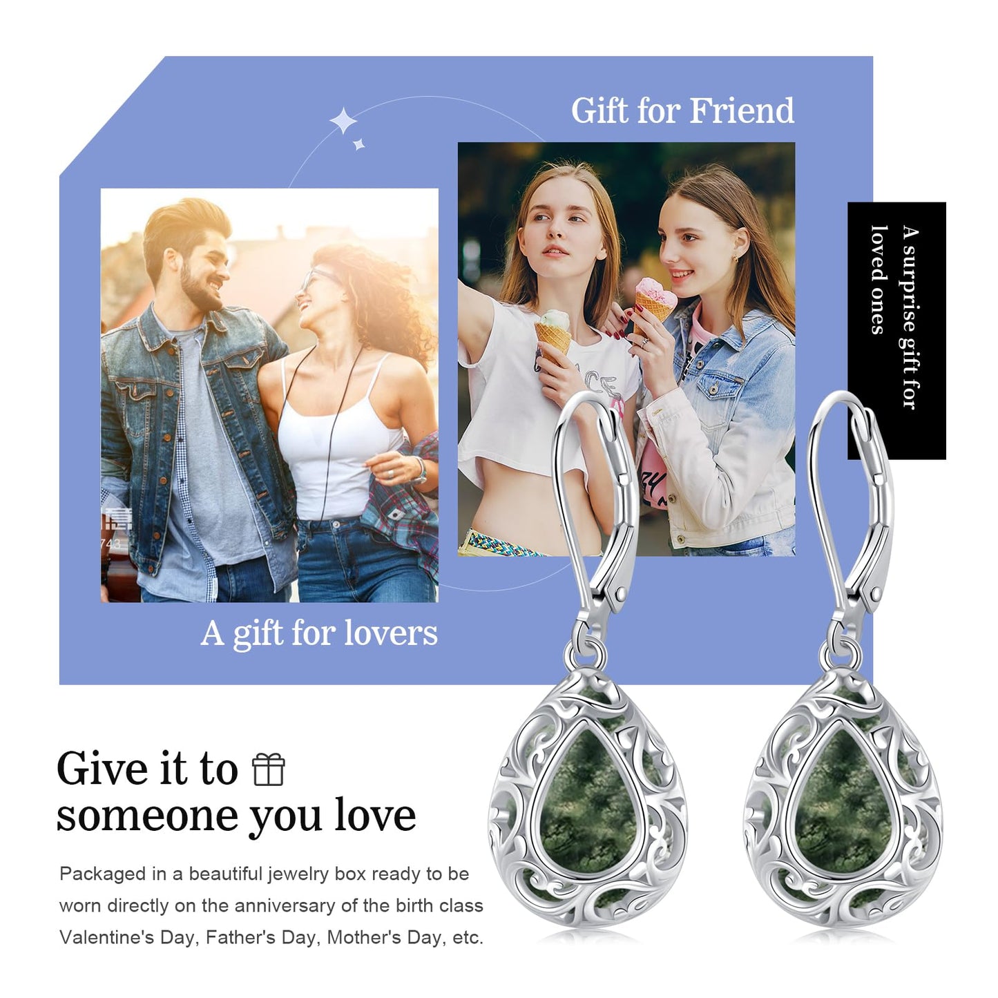 KoyeKei Filigree Moss Agate Leverback Earrings for Women 925 Sterling Silver Moss Agate Teardrop Dangle Drop Earrings Jewelry Filigree Graduation Birthday Gifts for Wife