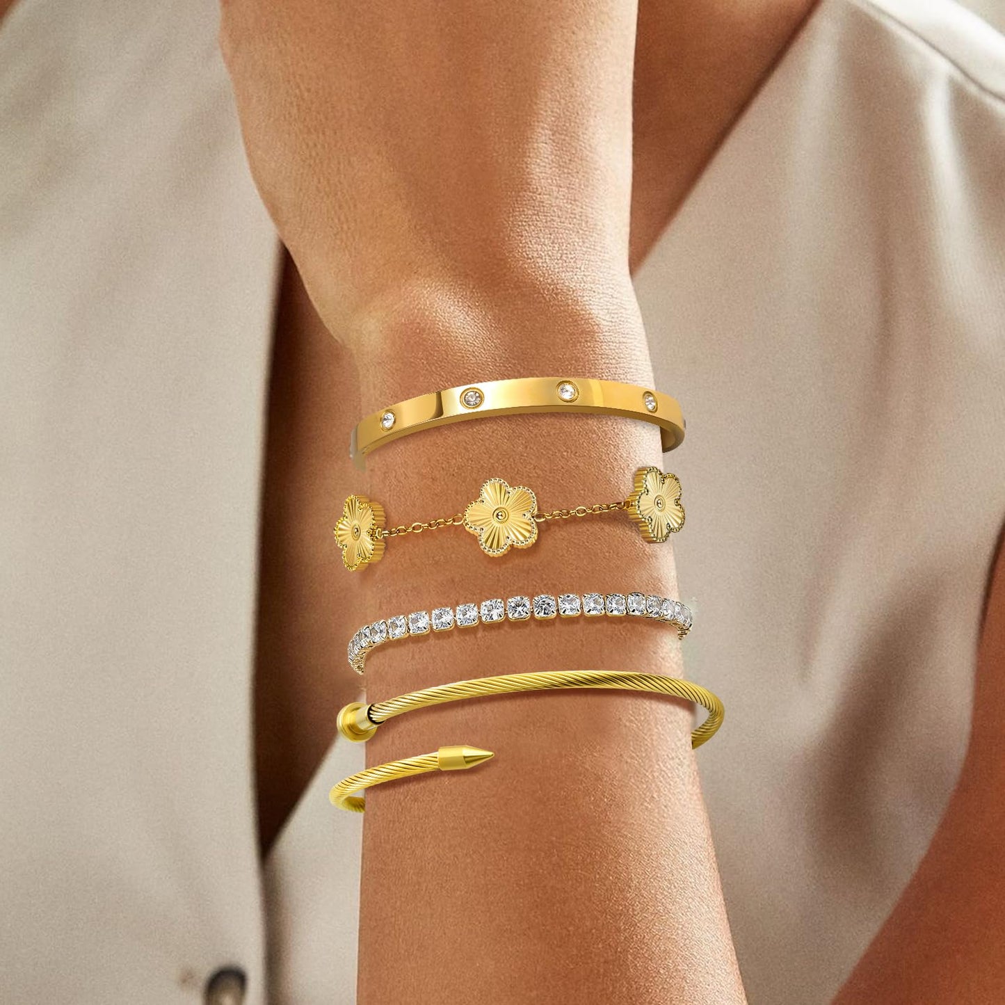 MOINSPIRE 18K Gold Plated Bracelets for Women, Stainless Steel Four Leaf Clover Tennis Nail Love Bangle Bracelets Set, Trendy Stackable Twist Cuff Bracelet Non Tarnish Jewelry Gifts for Christmas