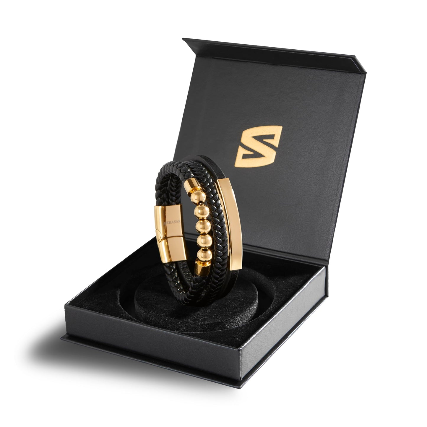 SERASAR Men's Gold Bracelet 17cm Leather Or Gift Box Braided Cowhide Adjustable Magnetic Clasp Multi Layer Wrap Jewelry Rope Male Men Magnet