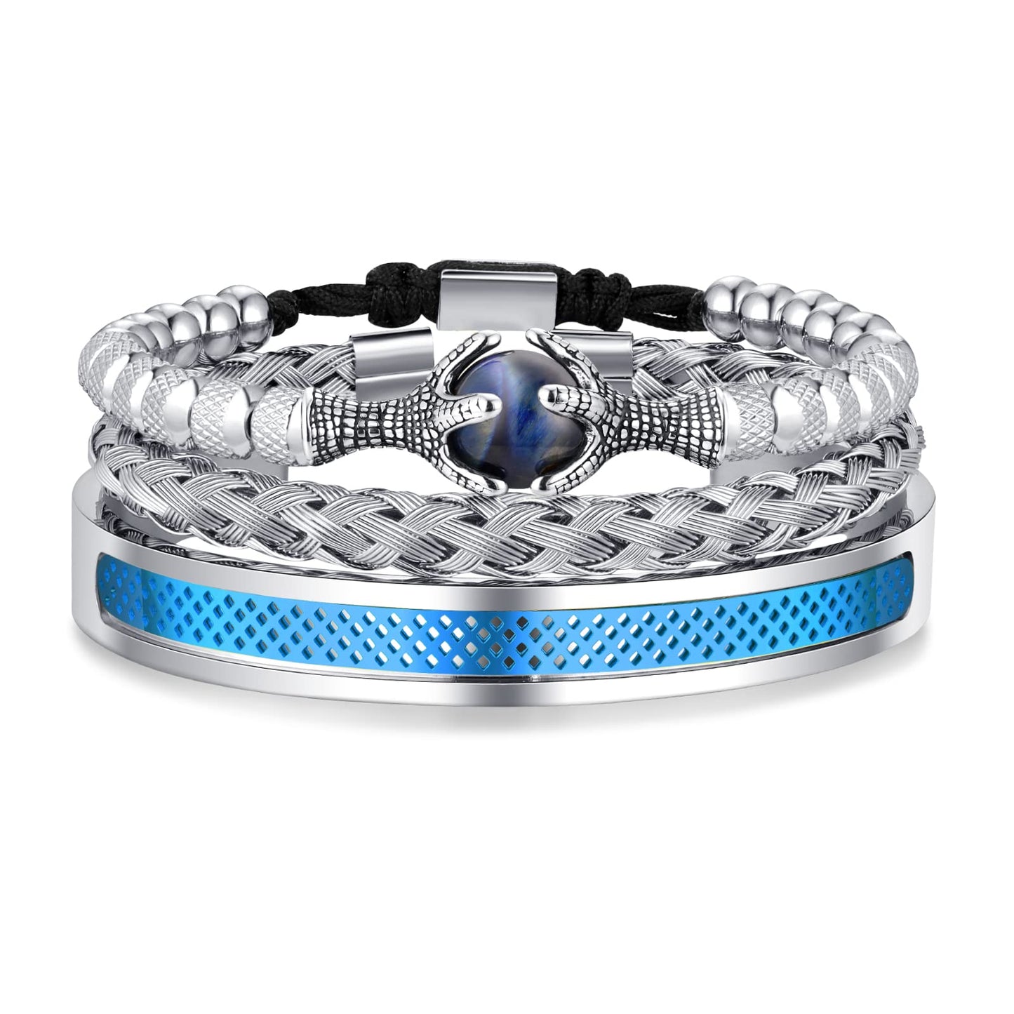 WFYOU 3PCS Stainless Steel Bracelets for Men Gold Roman Numeral Bangle Bracelet Twisted Cable Bracelet Adjustable Cuff Bracelet Mens Luxury Jewelry Bracelets Gifts(L:Blue)