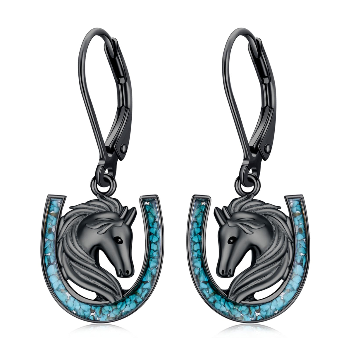 YYmqmq Black Horse Earrings for Women 925 Sterling Silver Turquoise Horseshoe Dangle Earrings Leverback Western Jewelry Horse Gifts for Women Girlfriend Lovers