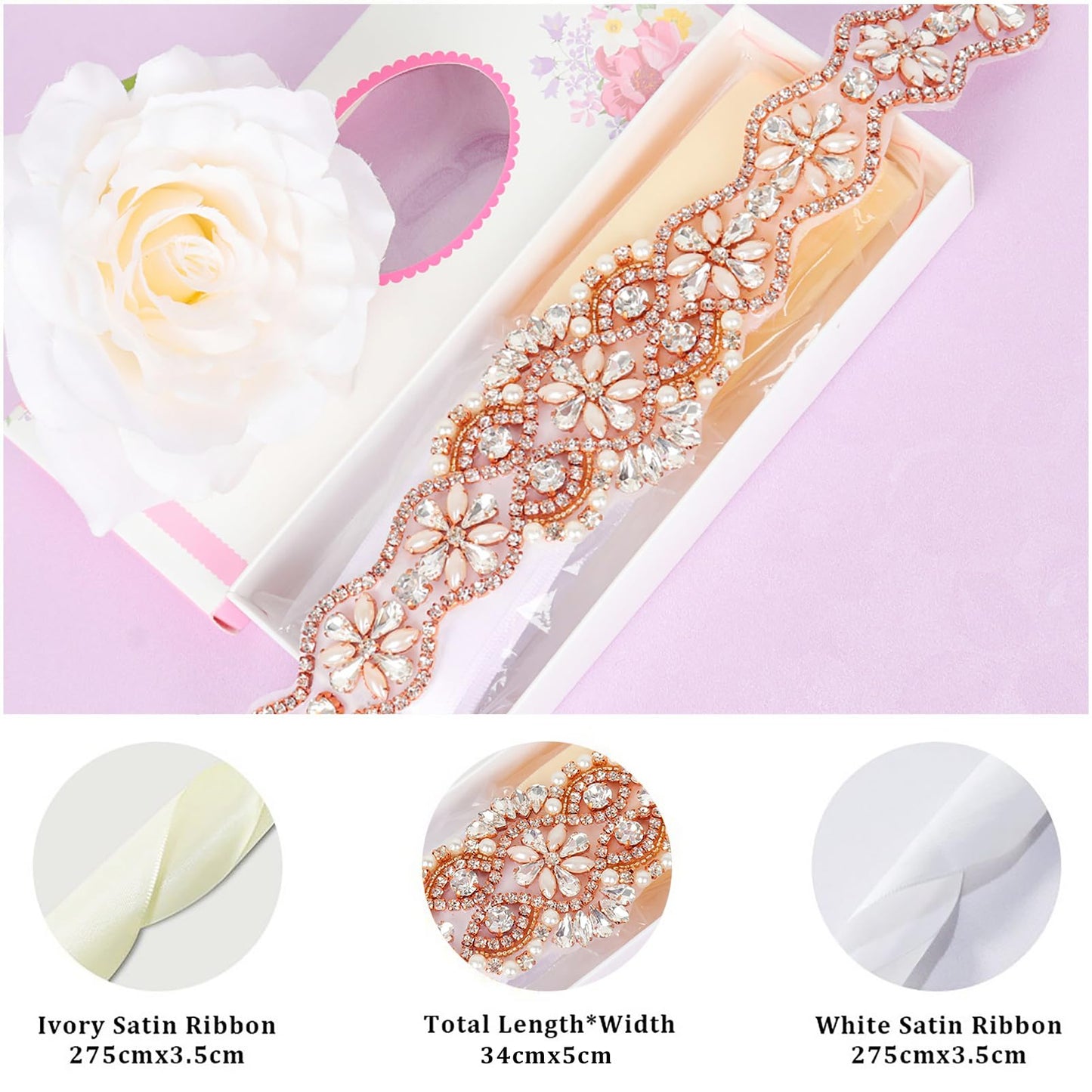 Pardecor Rhinestone Applique Wedding Bridal Sash Belt Dress Belt Sashes For Wedding Dress Crystal (181 Rose Gold)