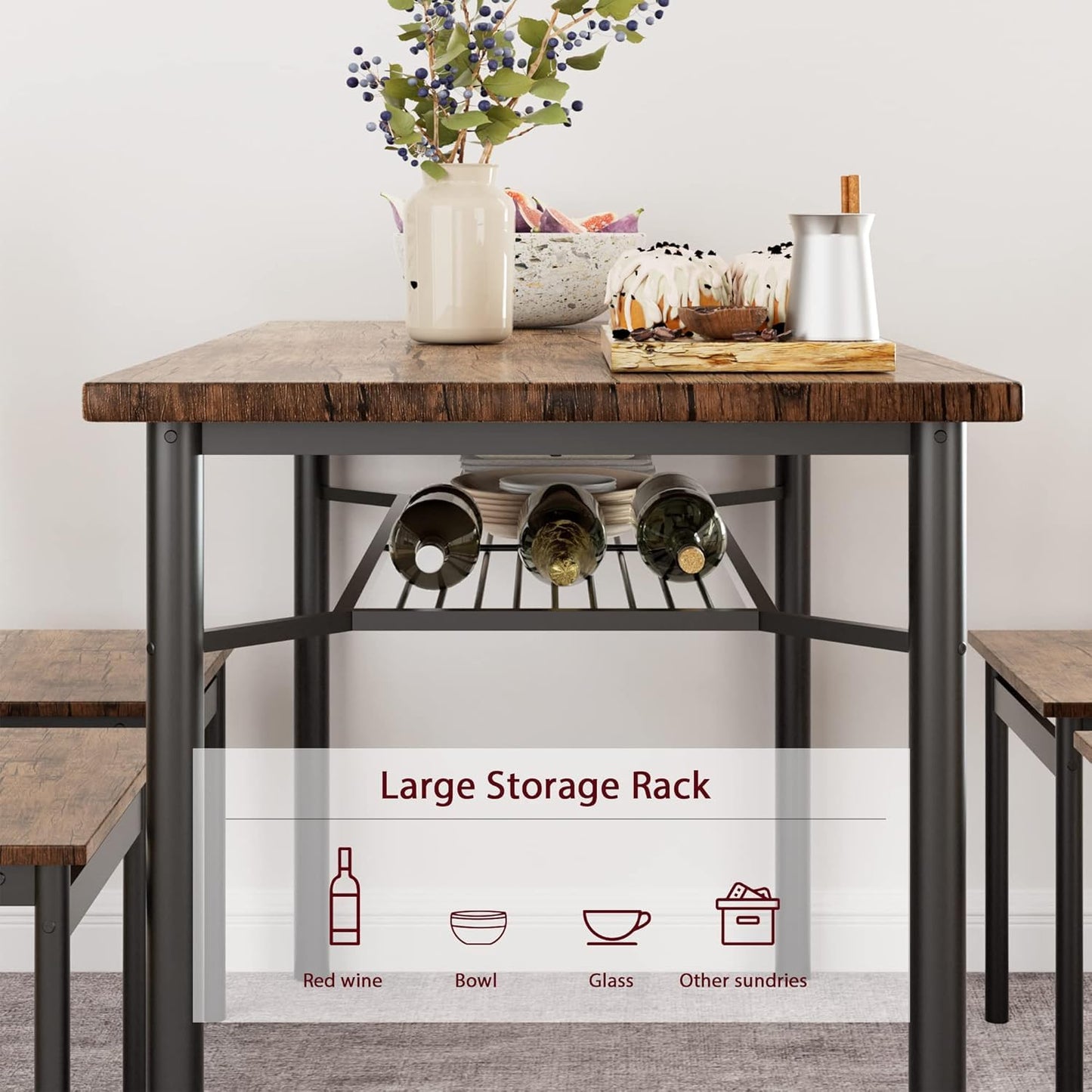 Garvee Farmhouse 5-Piece Dining Table Set for 4, Rectangular Kitchen Table with 4 Chairs, Wood Dining Set with Storage Shelf for Dining Room, Kitchen, and Small Spaces, Brown