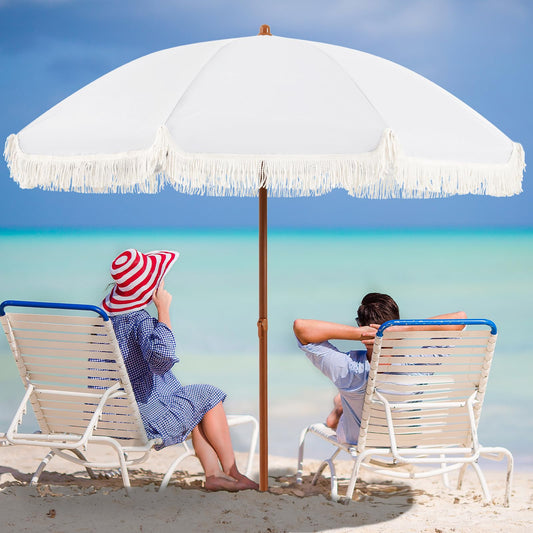 Aoxun 7ft Patio Umbrella with Fringe,Outdoor Beach Umbrella with Aluminum Pole, Ribs Push Button Tilt and Carry Bag, UV 50+ Picnic Tassel Umbrella (White)
