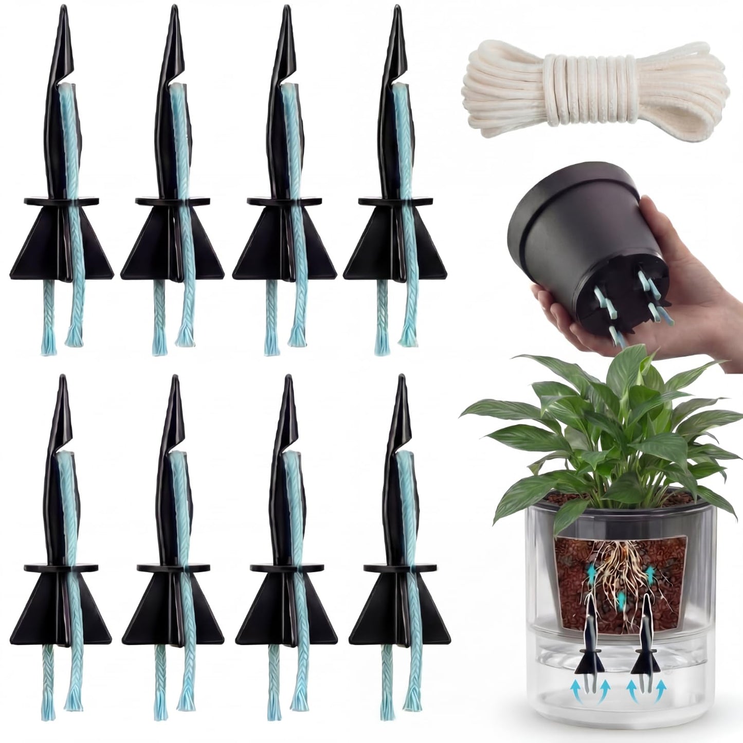 Singhoow 8 Pack Self Watering Spikes for Indoor Outdoor Plants, Automatic Plant Watering Stakes with 32.8ft Capillary Wick Rope, DIY Vacation Plant Waterer for Potted Plants, Seedlings, Garden Pots