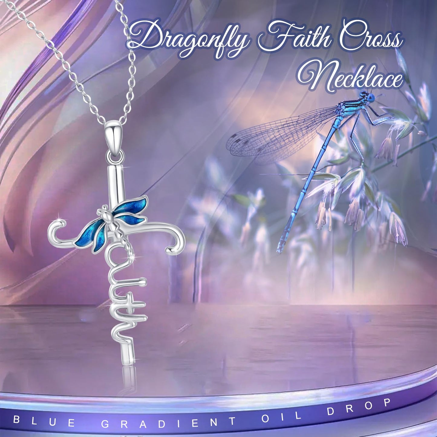 YEESIA Dragonfly Necklace for Women 925 Sterling Silver Faith Cross Necklaces Dragonfly Cross Pendant Religious Jewelry Graduation Birthday Gifts for Women