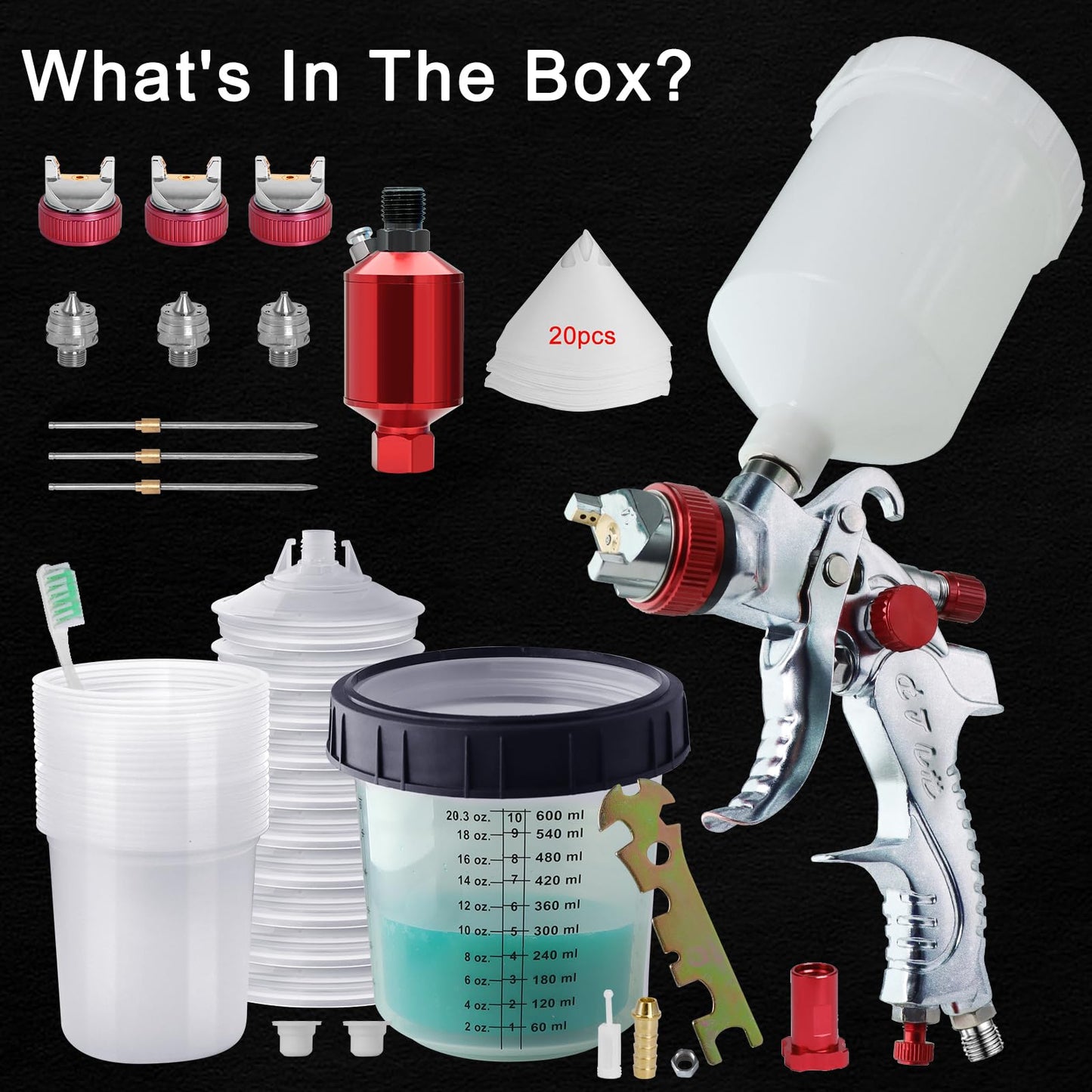 HVLP Spray Gun with 10Pcs 600ML Mixing Cups,Paint Spray Gun with 1.4/1.7/2.0mm Nozzles & Air Compressor Regulator,and Paint Sprayer Accessories,Paint Guns Automotive for Car, House Painting(Red)