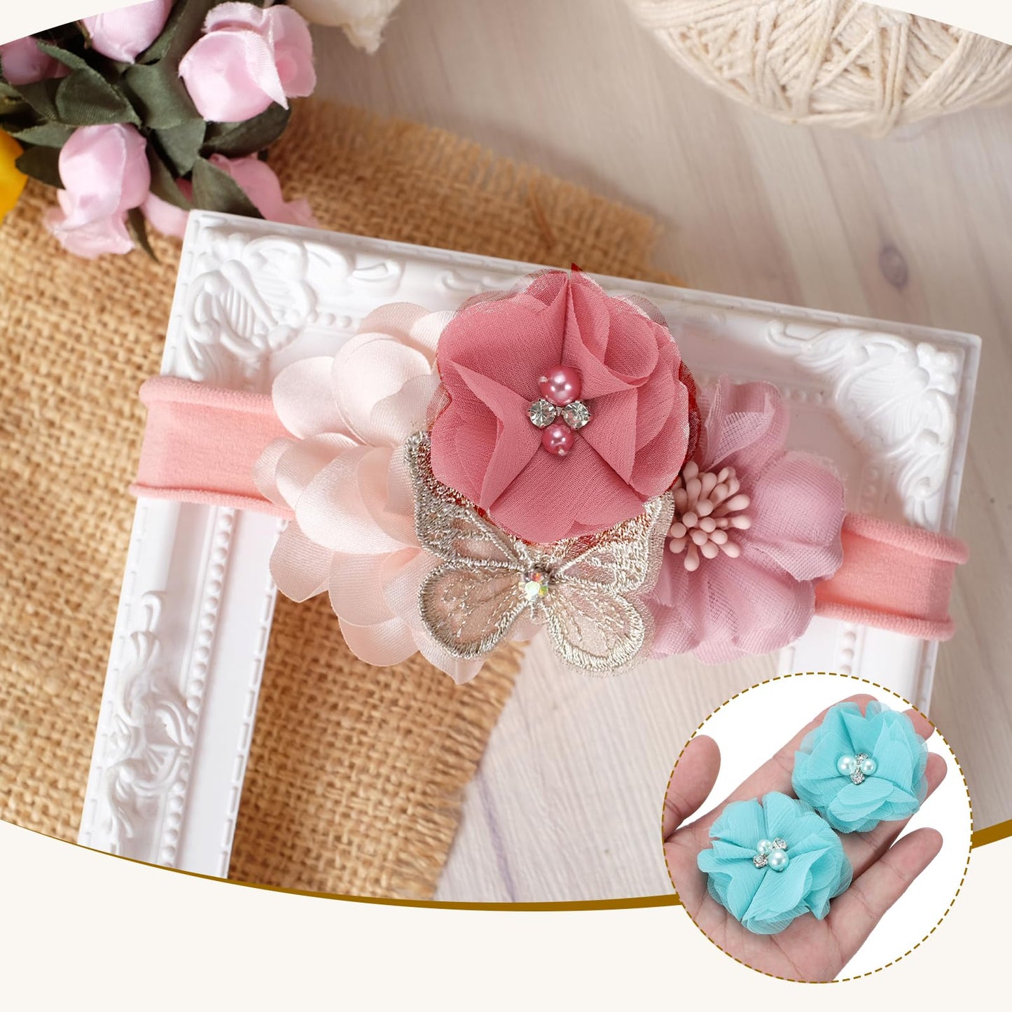 PATIKIL 2 Inch Chiffon Flowers, 12 Pcs Rhinestone Pearl Sewing Fabric Flowers Artificial Appliques Embellishments for Clothing Wedding DIY Craft Headbands Decor, Teal