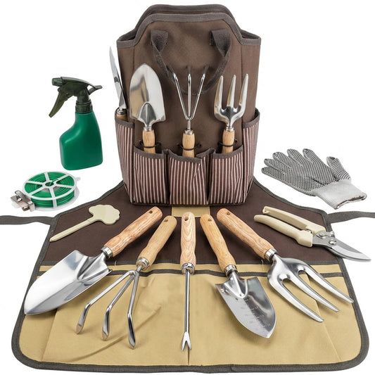 Garden Tool Set, Beswill 12 Pieces Heavy Duty Gardening Hand Tools with Garden Tools Organizer Handbag, Apron, Rust-Proof Stainless Steel Gardening Kit, Wood Handle, Ideal Garden Gifts for Women Men