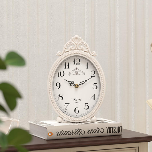 Abdurey Vintage Table Clock on Stand, Desk and Shelf Decorative Clock, French Rustic Style Antique White Mantel Clocks for Living Room,Farmhouse,Bedroom,Bedside,Gift Clocks