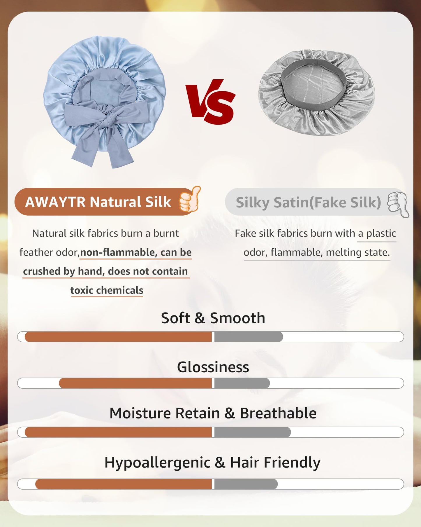 AWAYTR Silk Bonnet for Sleeping Women 100% Mulberry Silk Bonnet with Band 2 Layer Reversible Hair Bonnet Sleeping Hair Wrap (Silk, Haze blue/Sky blue)