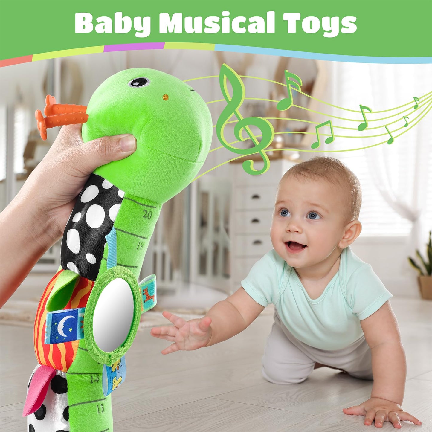 AWOTOY Baby Toys 6-12 Months Music Caterpillar Infant Toys Stuffed Animals 0-3-6 Months Tummy Time Teething Sensory Toys with Mirror Rattle&Pull String for Boys Girls Birthday Gifts|Grass Green,Leafy