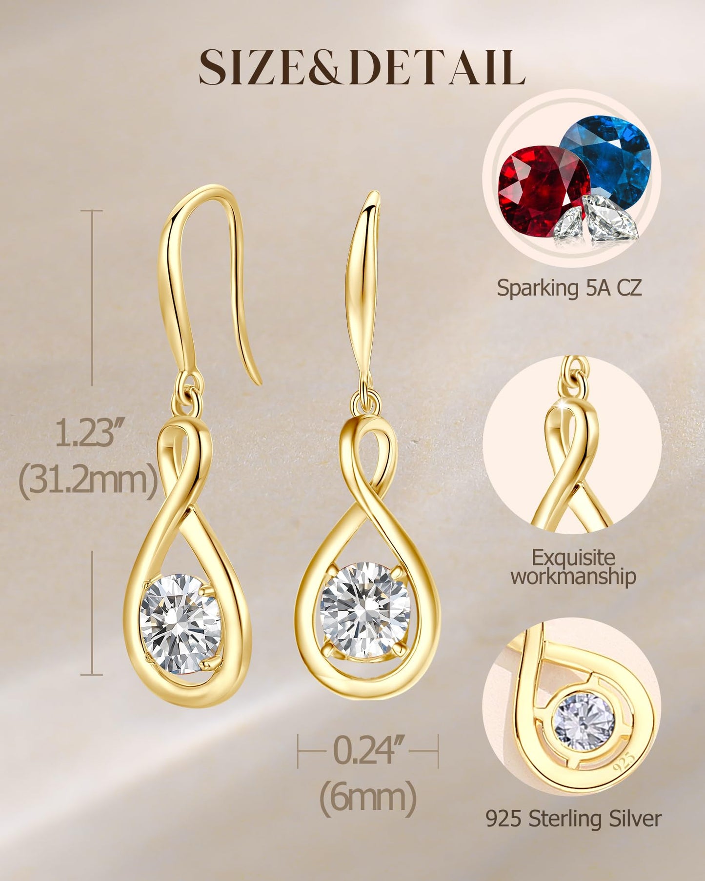 FANCIME Dangle Drop Earrings with Solitaire CZ Cubic Zirconia Simulated Diamond 925 Sterling Silver Yellow Gold Plated Infinity April Birthstone Earring Fine Jewelry Birthday Mothers Day Gifts for Mom Her Women