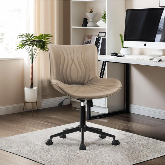 VATROS Office Chair, Armless Desk Chair with Wheels, Ergonomic Comfy Home Office Computer Task Chairs,Faux Leather Padded Cute Vanity Chair, Adjustable Height Swivel Chair with Back, Khaki