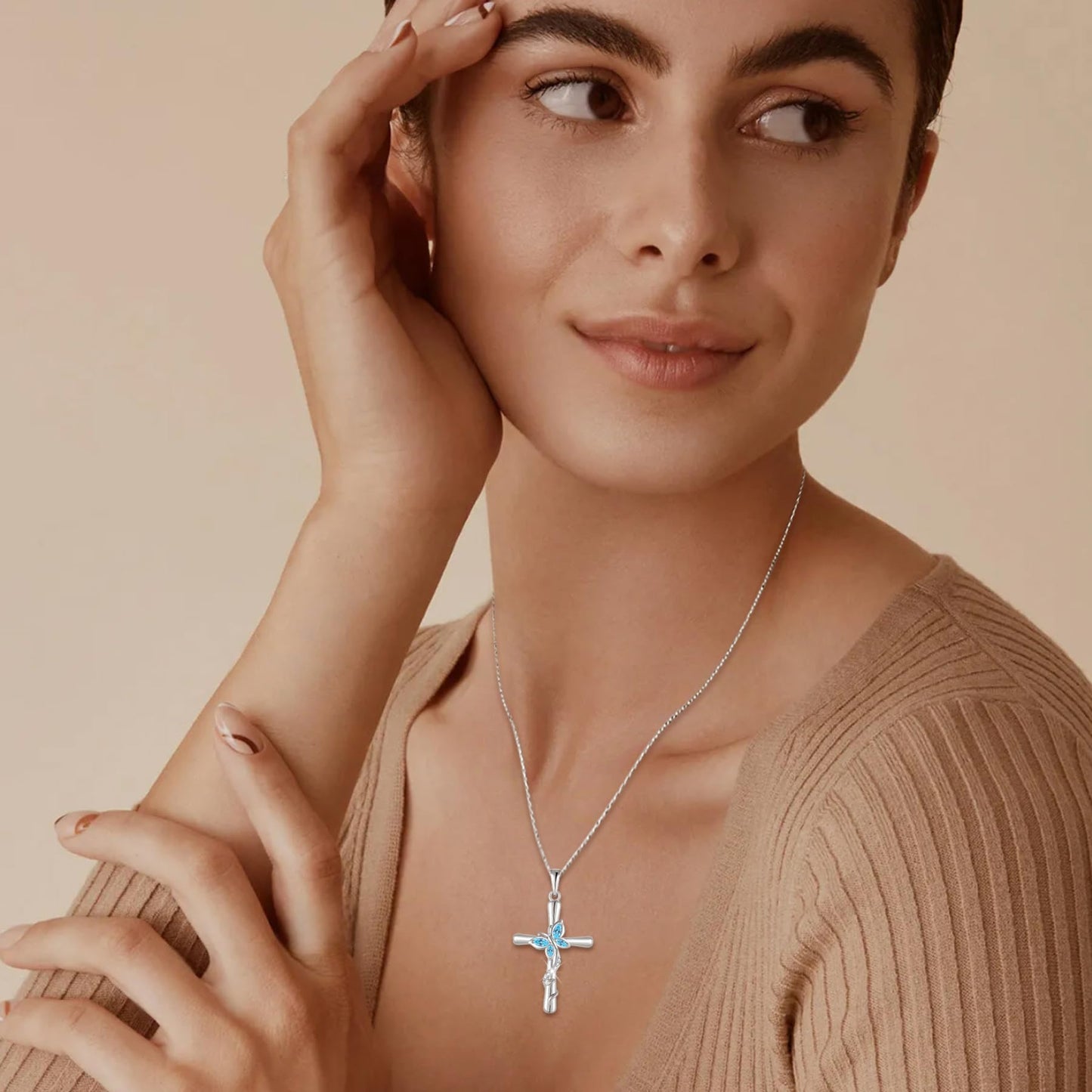 Blaniy Cross Necklace for Women 925 Sterling Silver Butterfly Necklace Aquamarine Pendant Necklaces March Birthstone Jewelry Gifts for Women