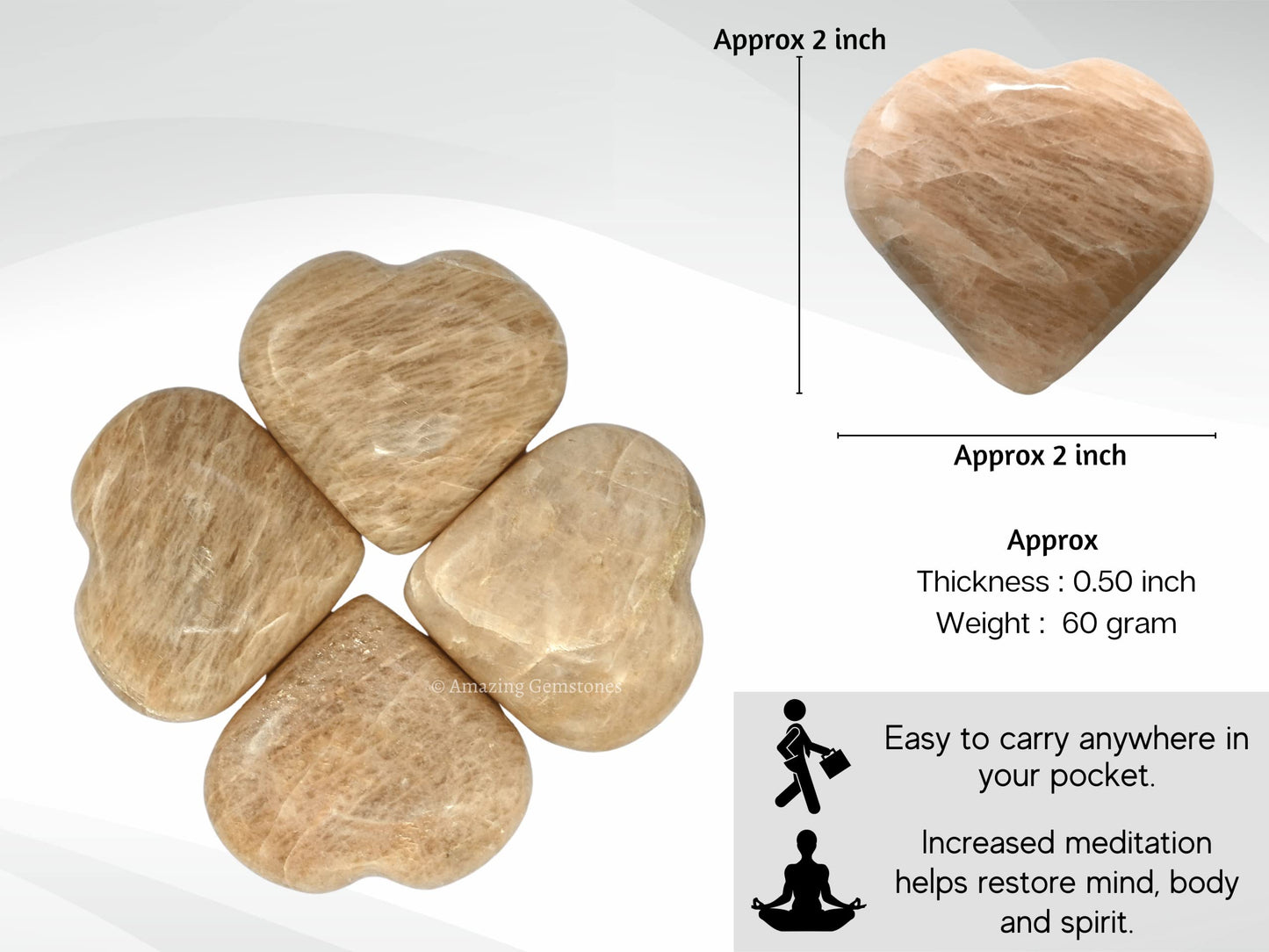 Amazing Gemstone Cream Moonstone Crystal Heart Palm Stone - Pocket Massage Worry Stone for Natural Body Chakra Balancing, Reiki Healing and Crystal Grid