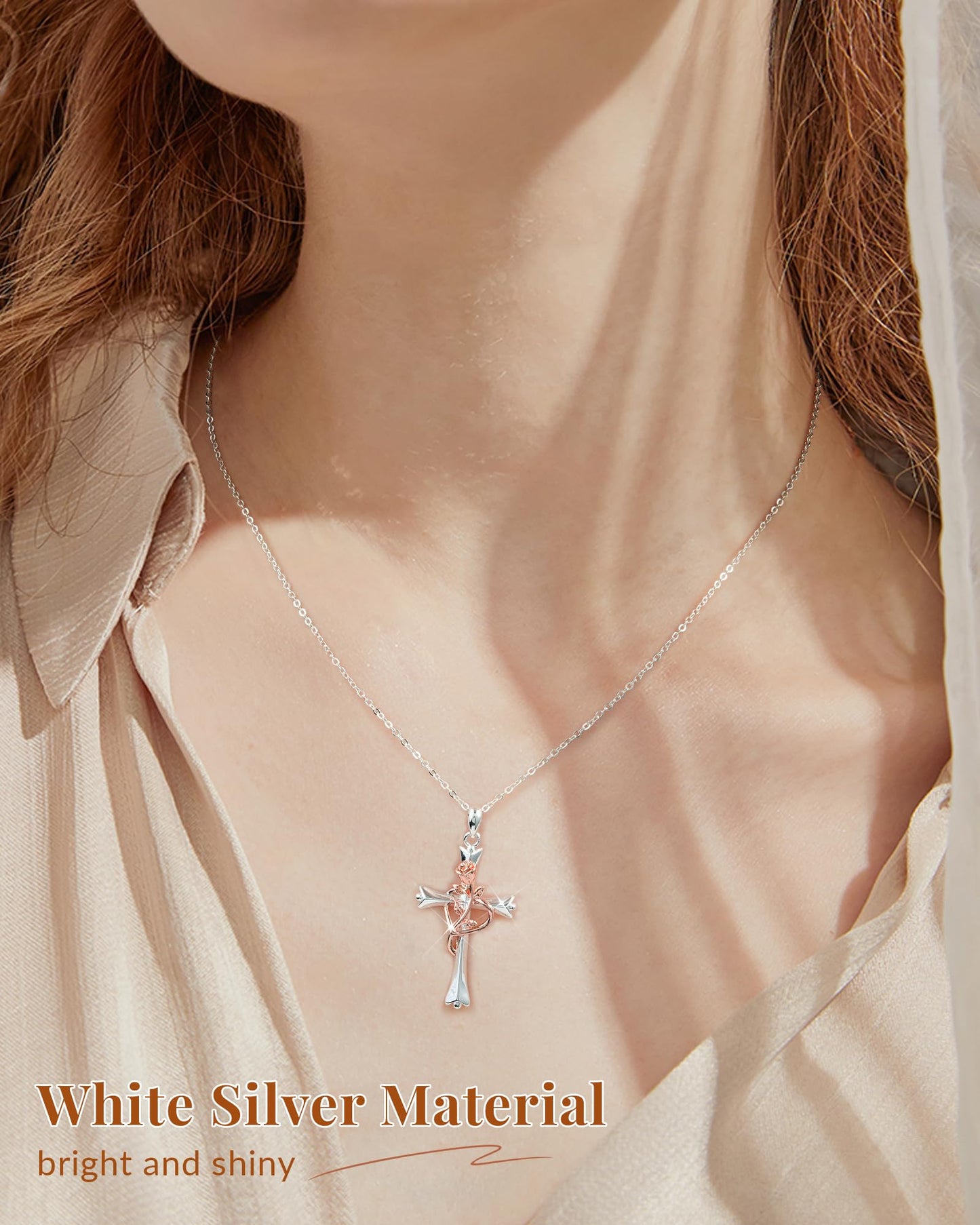 ACECHA Silver Cross Necklace for Women, Dainty Faith Cross Pendant Necklaces with Rose Jewelry for Mom Wife Daughter Sister | Gifts for Birthday Anniversary Christmas Easter(White Silver-Rose)