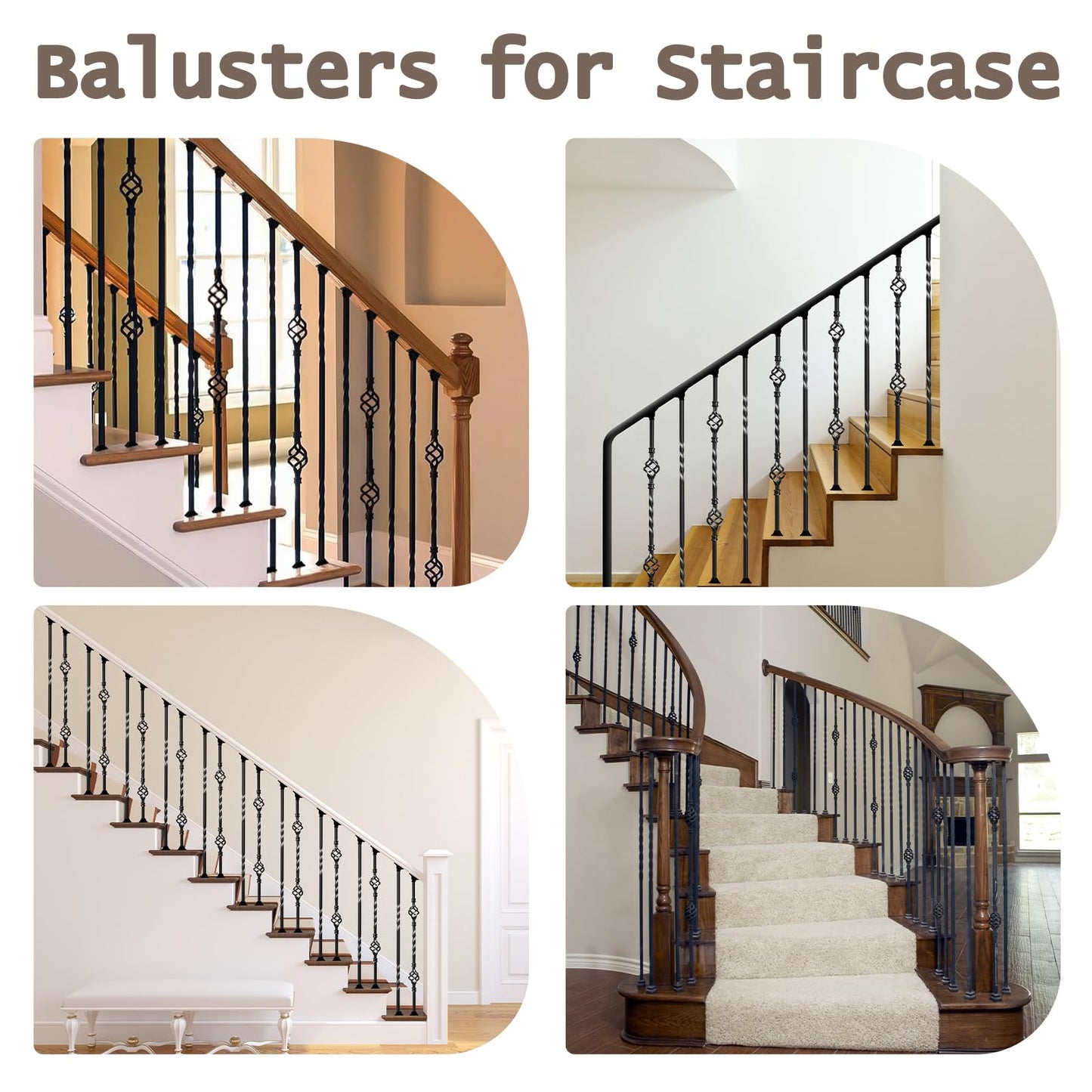 30 Pack Wrought Iron Balusters for Staircase Interior, 1/2" x 44" Hollow Deck Spindles Stair Railing Indoor with 60 Fixed Swivel Shoes, Metal Double Basket Decorative Stair - Matte Black