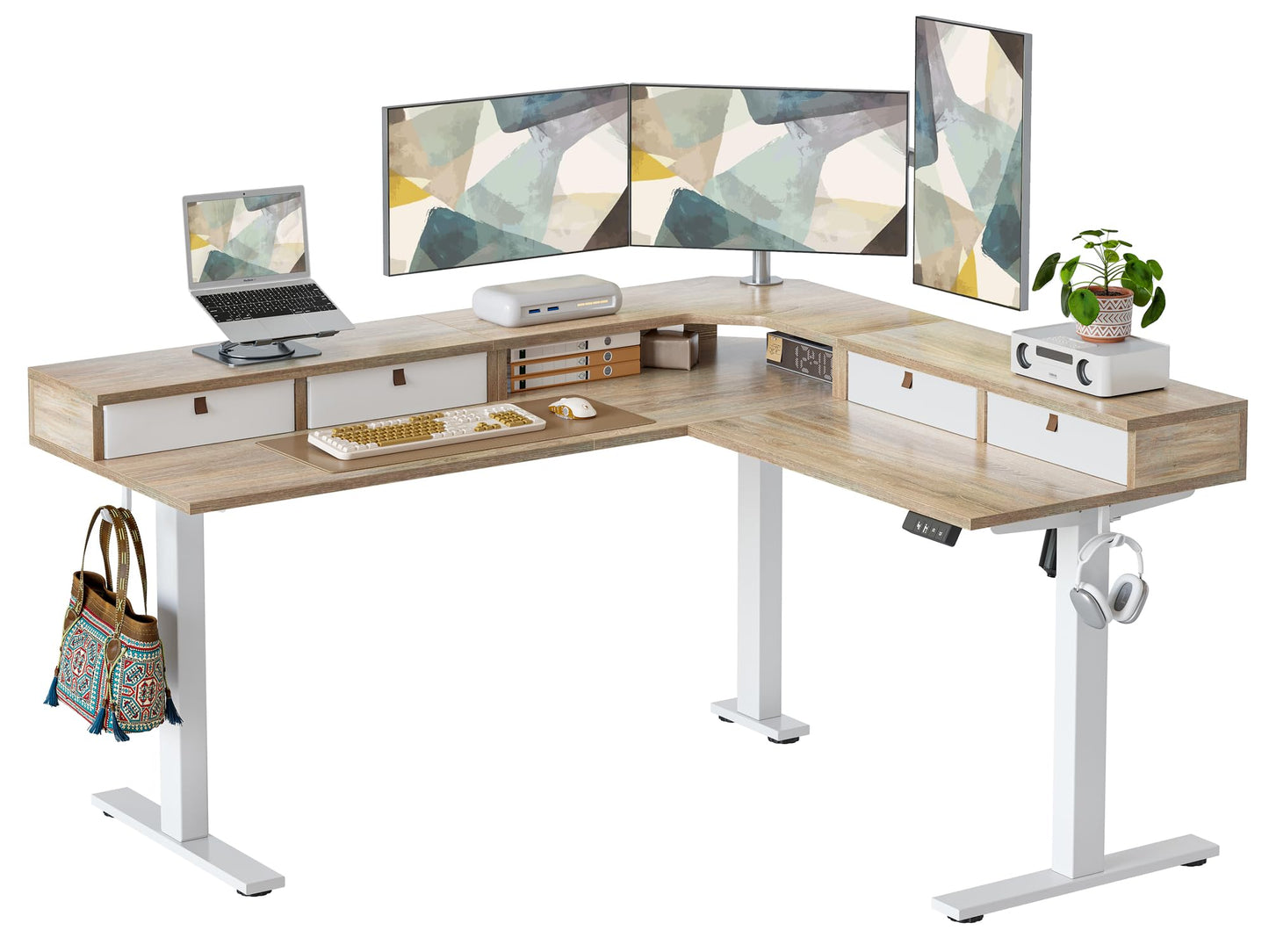 TIQLAB L Shaped 63 x 55 inch Standing Desk Adjustable Height, Electric Corner Standing Desk with 4 Drawers and Upper Shelf, Sit Stand Computer Table with Splice Board, Maple