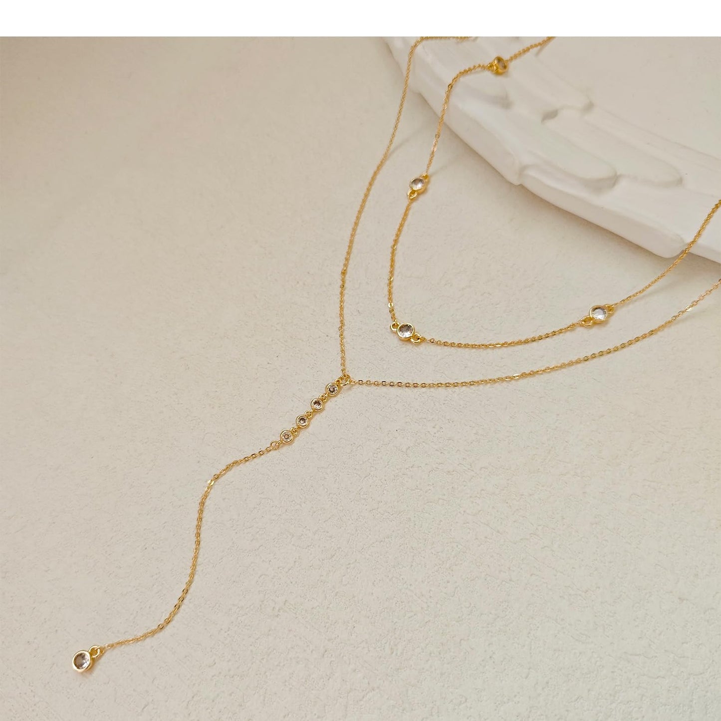 Airmb Lariat Gold Necklace for Women, Dainty Long Necklace 14k Gold Plated Layered CZ Beaded Chain Y-Shaped Body Chain Stack Drop Wedding Necklaces Trendy Simple Jewelry Gifts