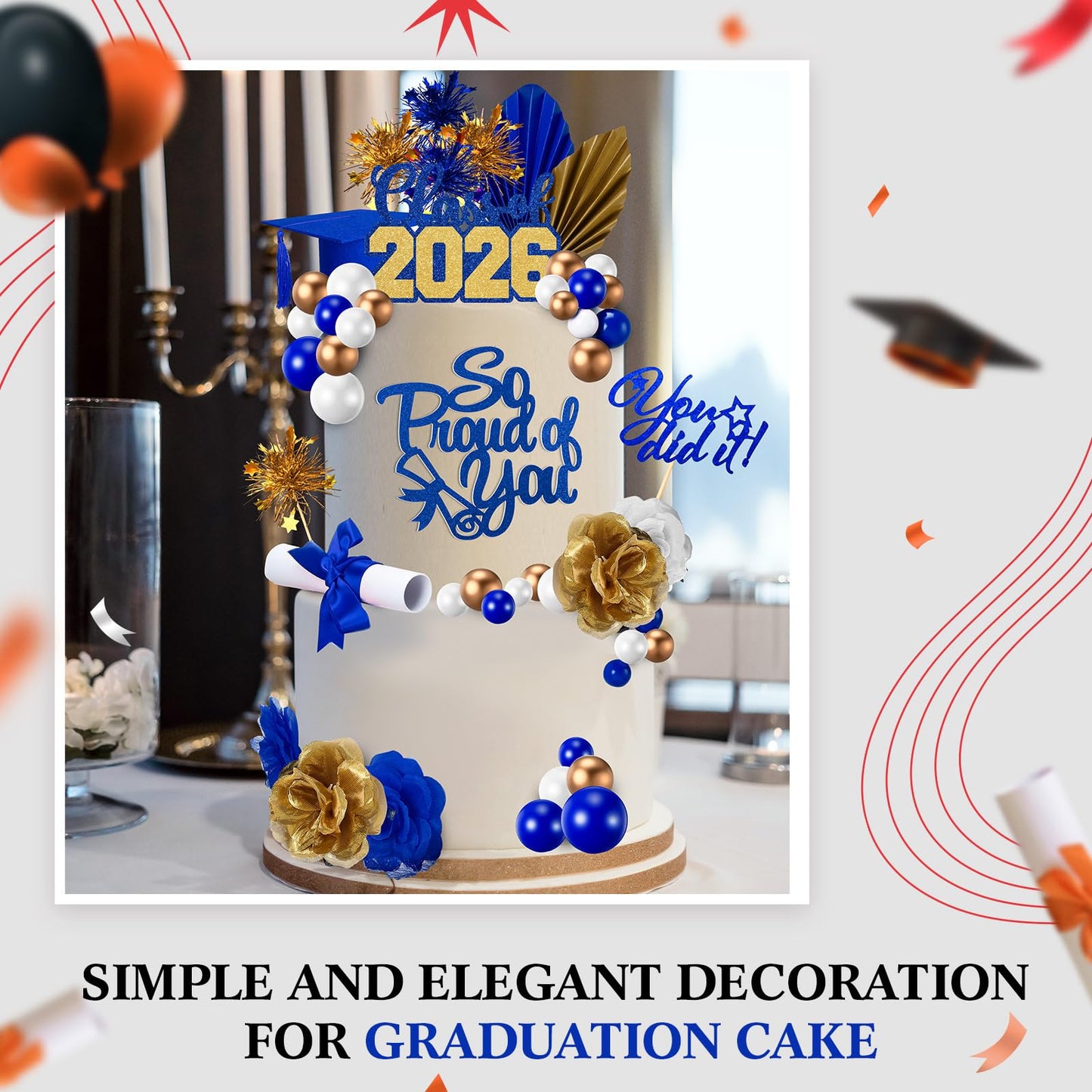 Sureio 48 Pcs Graduation Cake Toppers Class of 2026 Congrats Grad Cake Decor Graduation Cap Diploma Artificial Flower Card Ball Palm Leaves Firework Stick Kit for Theme Party Supplies(Blue, Gold)