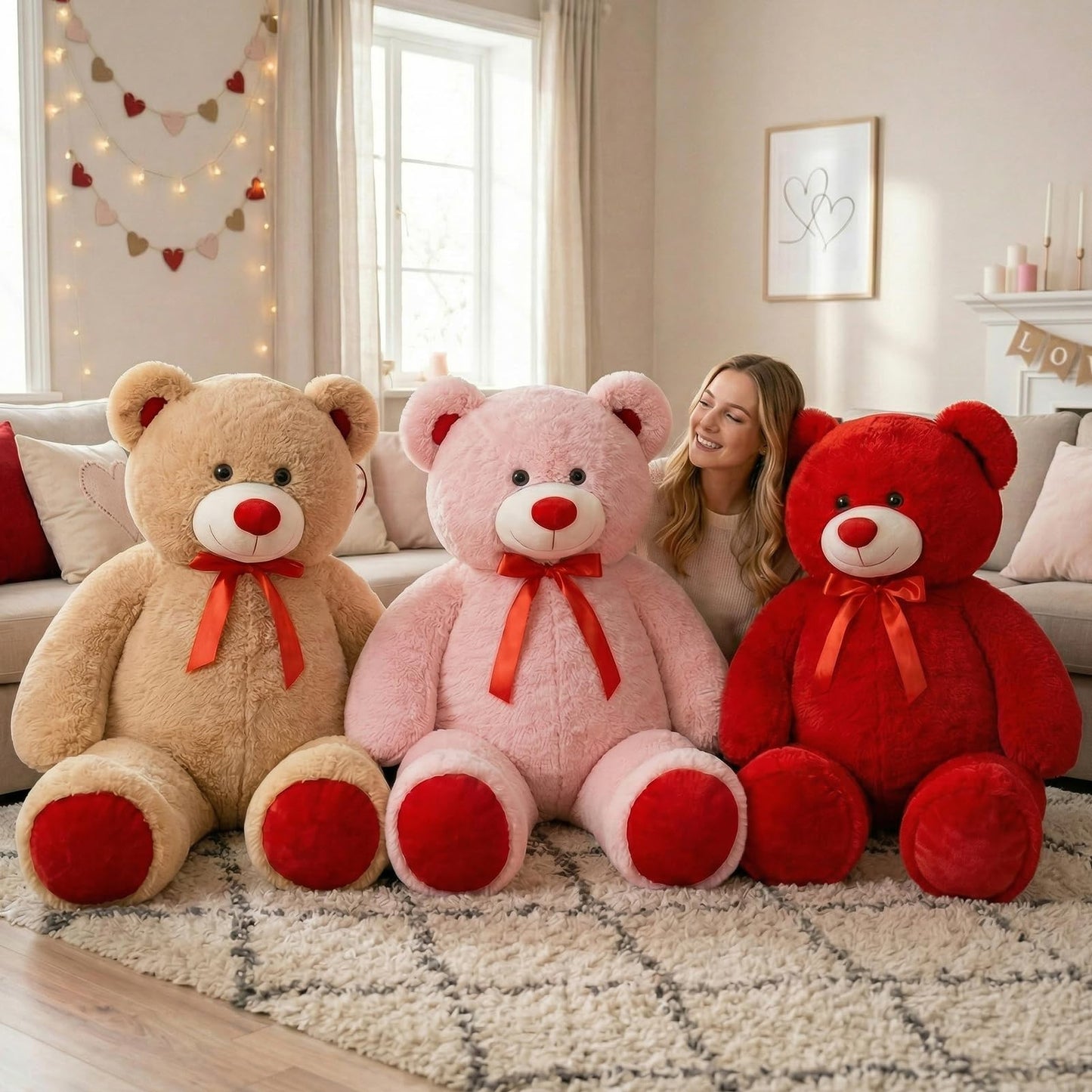 WENMOTDY Giant Teddy Bear 4ft Stuffed Animal Big Teddy Bear Plush with Red Ribbon Bow and Paw Pads Plush Toy for Girlfriend Lover Mom Kids Anniversary Valentines Birthdays Gifts 48 inch Tan