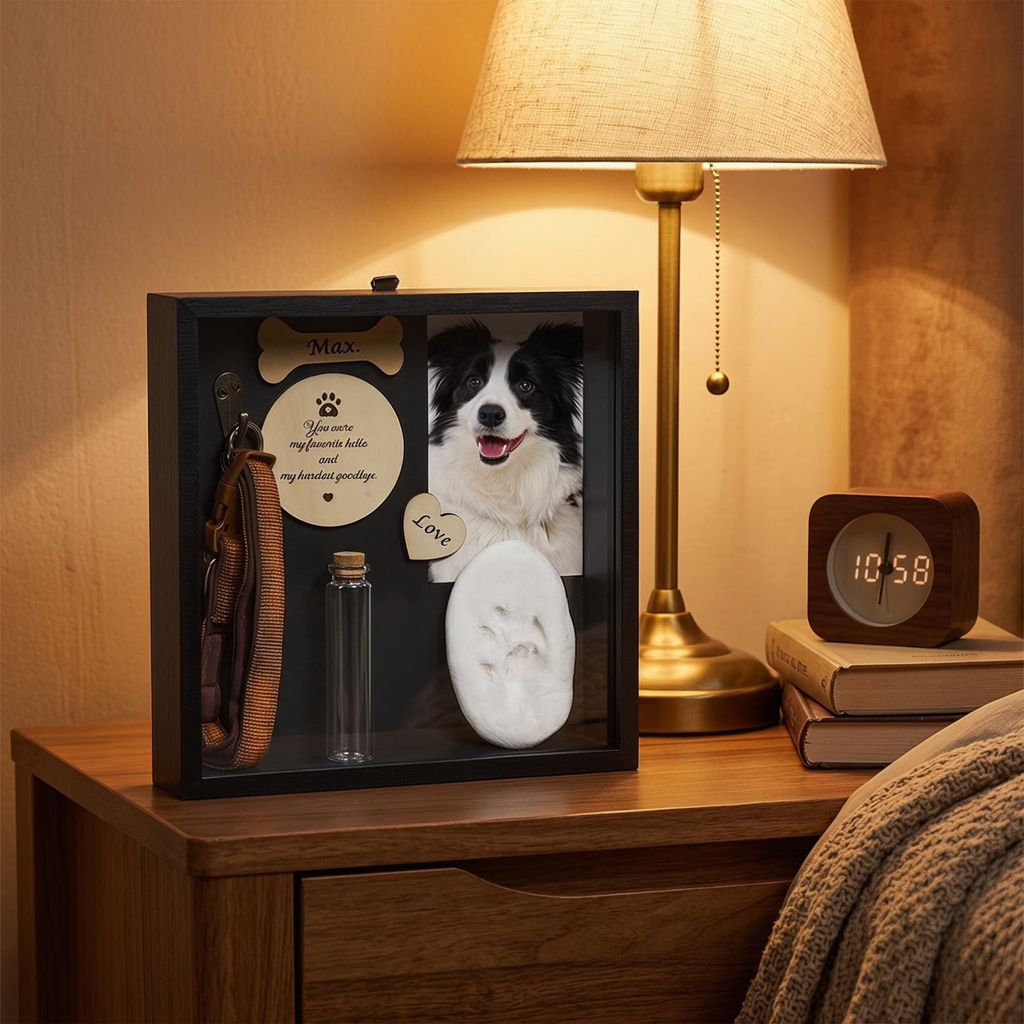 Beech Wood Pet Memorial Shadow Box with Custom Wooden Nameplate, Large Paw Print Ink Pad Kit & Dog Paw Keepsake Keychain, Pet Ashes Fur Jar Sympathy Gift for Dog & Cat Lovers,Black