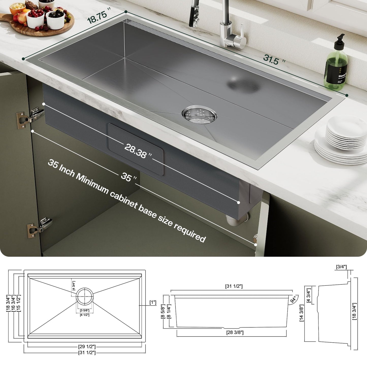 Jocisland 32x19 Inch Undermount Kitchen Sink Workstation, 16 Gauge 304 Stainless Steel Single Bowl Kitchen Sink with Cutting Board, Drying and Roll-Up Accessories and Drain Assembly