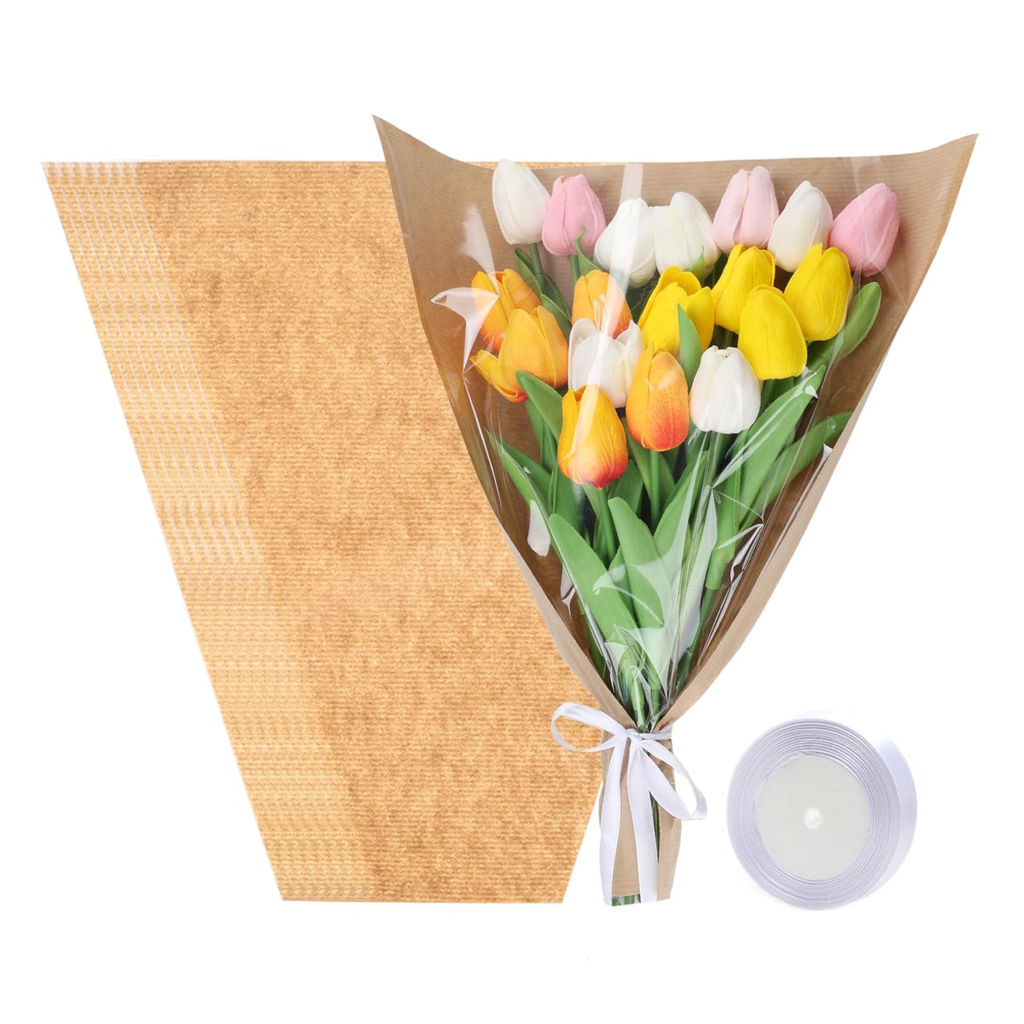 HSONAIGEE 50 Pieces Flower Bouquet Wrapping Paper, 15.8 x 13.8 x 3.9 Inch Flower Bags for Bouquets Kraft Floral Wrap Sleeves with Ribbons for Home Mother’s Day Wedding Flower Bar Supplies
