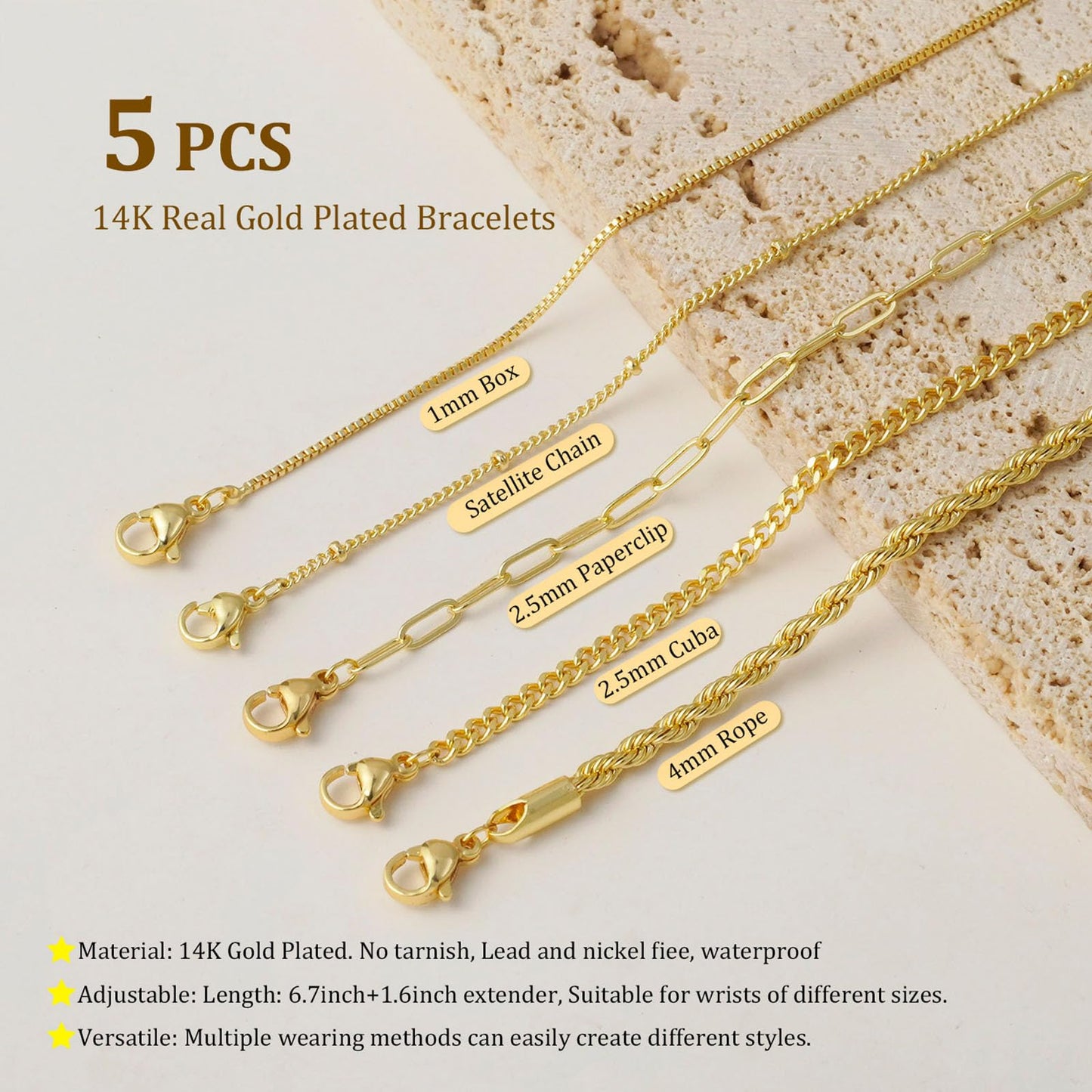 Gold Bracelets for Women, Dainty 14K Gold Plated Bracelet Stack for Women Trendy CZ Tennis Paperclip Cuban Chain Stackable Adjustable Waterproof Link Bracelet Jewelry Set Fashion Accessories Gifts