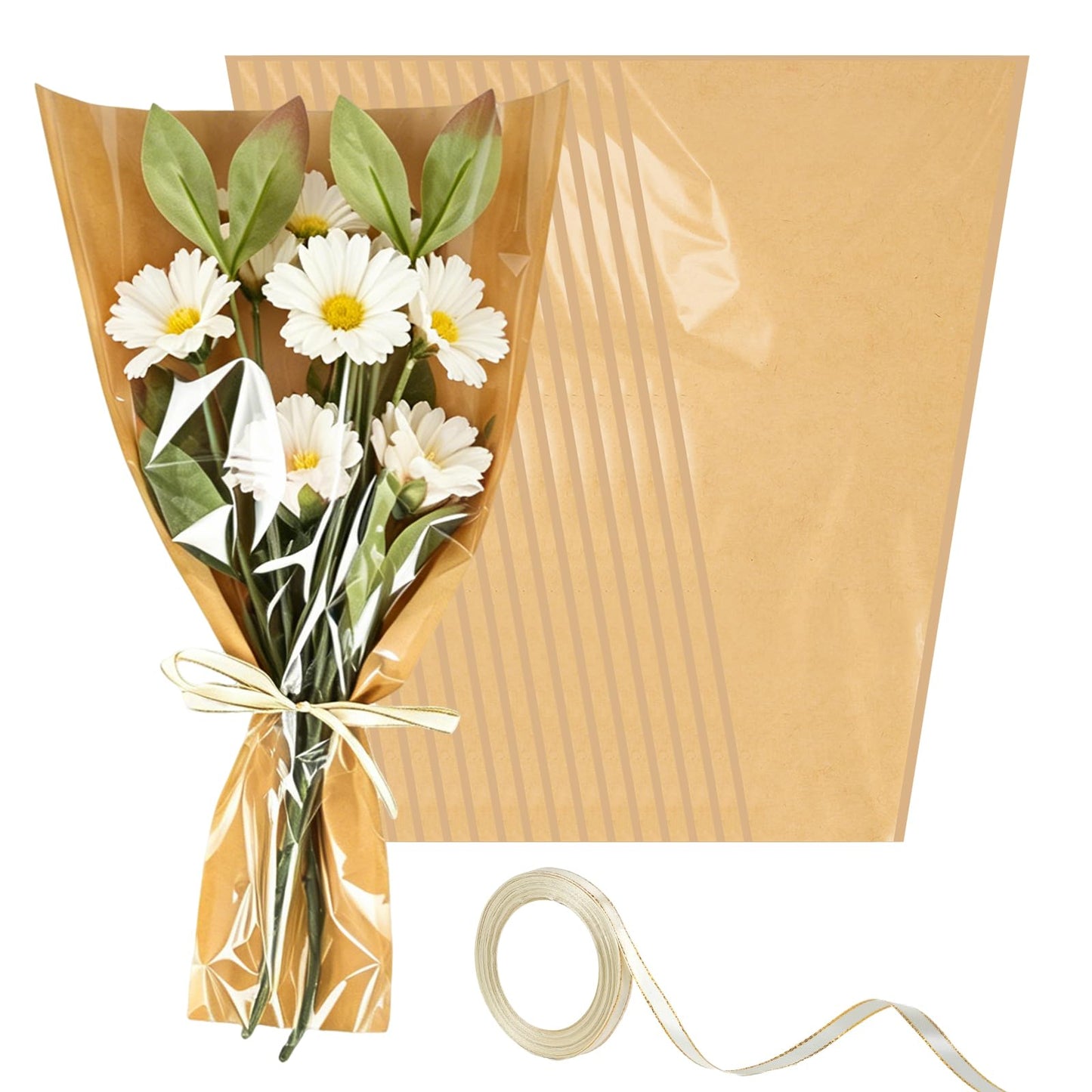 Wzifyf 50 PACK Flower Bags for Bouquets Flower Bouquet Holders Kraft Floral Wrapping Paper flower Sleeves Build Your Own Bouquet Bar with 72 Ft Ribbons for Valentine's Day Packaging Supplies