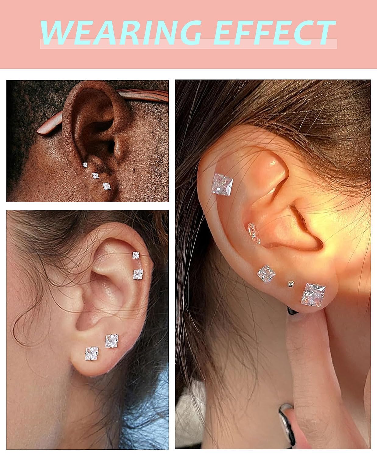 6 Pairs Square Earrings, Princess Cut Earrings Set for Men Women, Hypoallergenic 14K Gold Plated Surgical Steel Clear Cubic Zirconia Stud Earrings for Multiple Piercing Sensitive Ears CZ Size 3-8mm