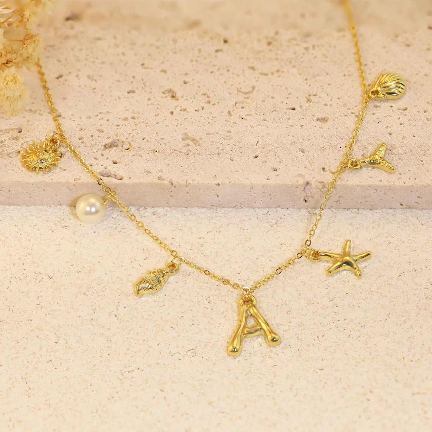JALZEMPL Initial Charm Necklace For Women Shell Seashell Summer Beach Letter 14K Gold Plated Pendant Starfish Surfer Boho Jewelry Gifts (O)