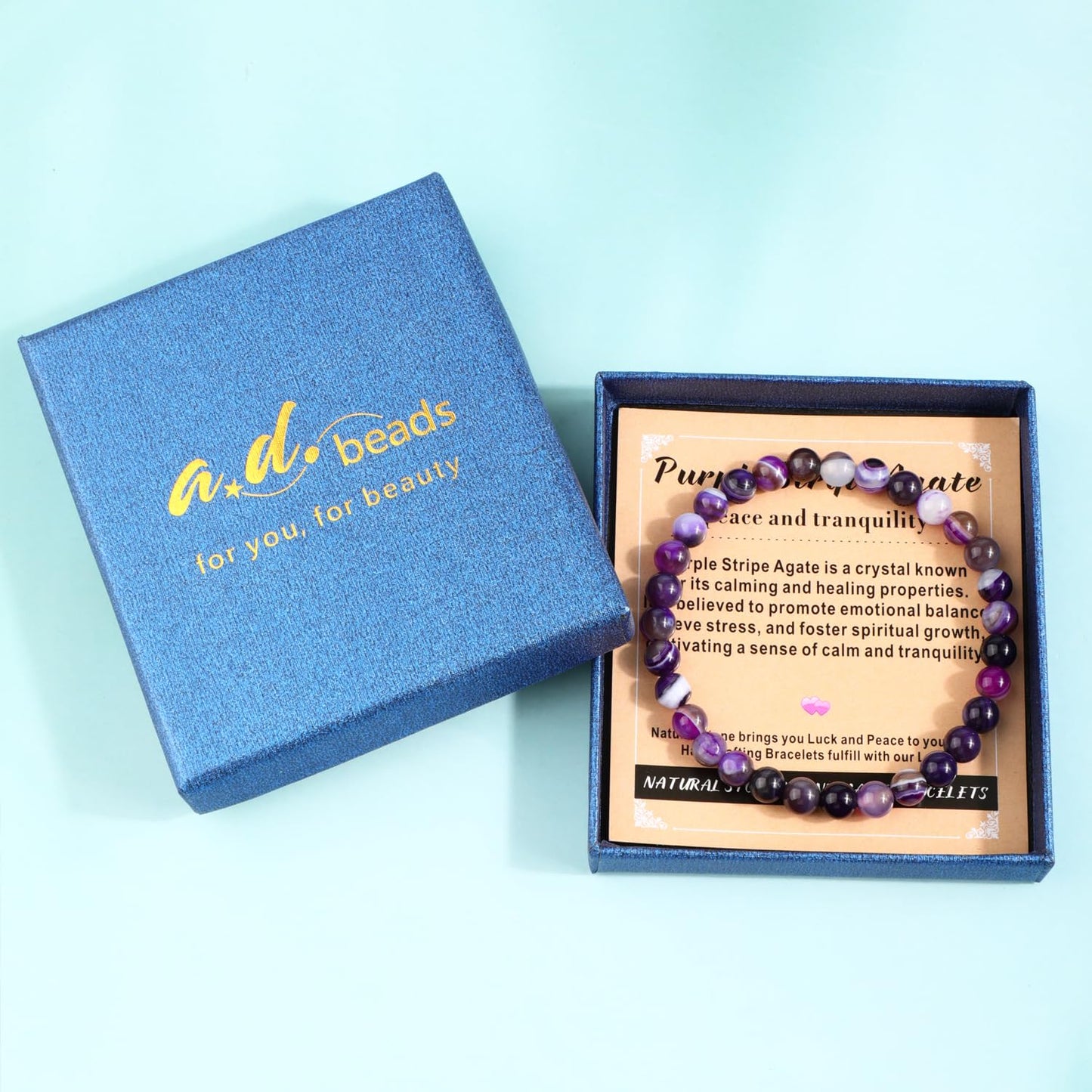 AD Beads 6mm Handmade Purple Stripe Agate Elastic Bracelet – Natural Gemstone for Peace and Tranquility – Meditation, Yoga, Healing and Energy Gift for Men Women
