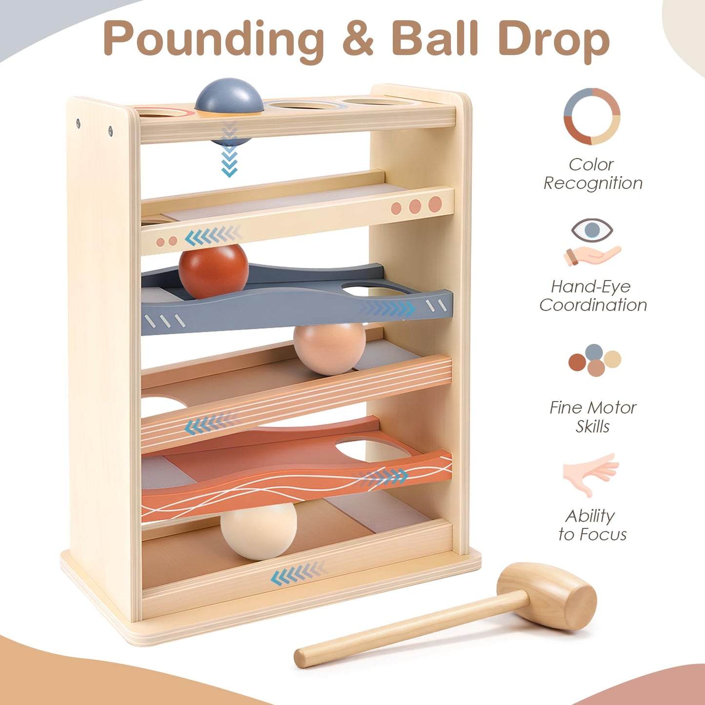 Vanplay Ball Drop Toys for One Year Old Boy Girls Birthday Gifts, Montessori Toys for 1 2 Year Old, Wooden Hammer Rolling Ball Toys for Toddlers 1-3, Cause and Effect Toys for Baby 12M+ First Gifts